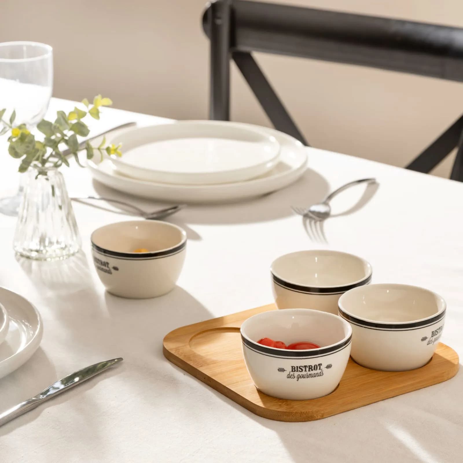 Set 5 accessori per aperitivo in bambù naturale e ceramica bianco con scritta nero