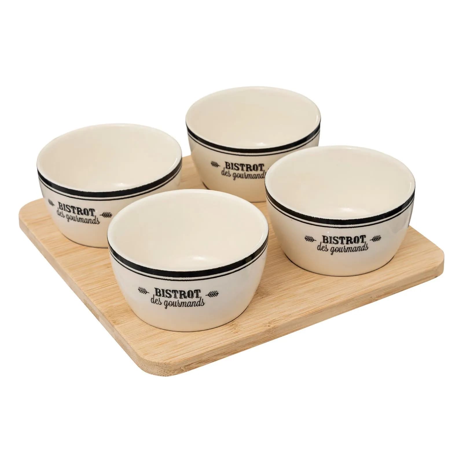 Set 5 accessori per aperitivo in bambù naturale e ceramica bianco con scritta nero