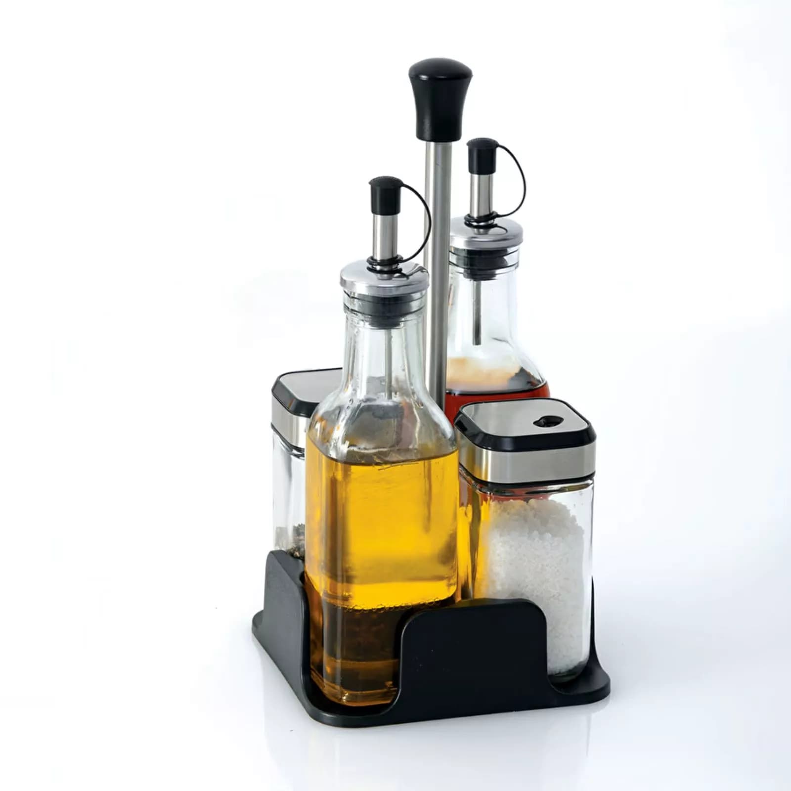 Set 5 accessori per condimenti in acciaio inox cromo e vetro