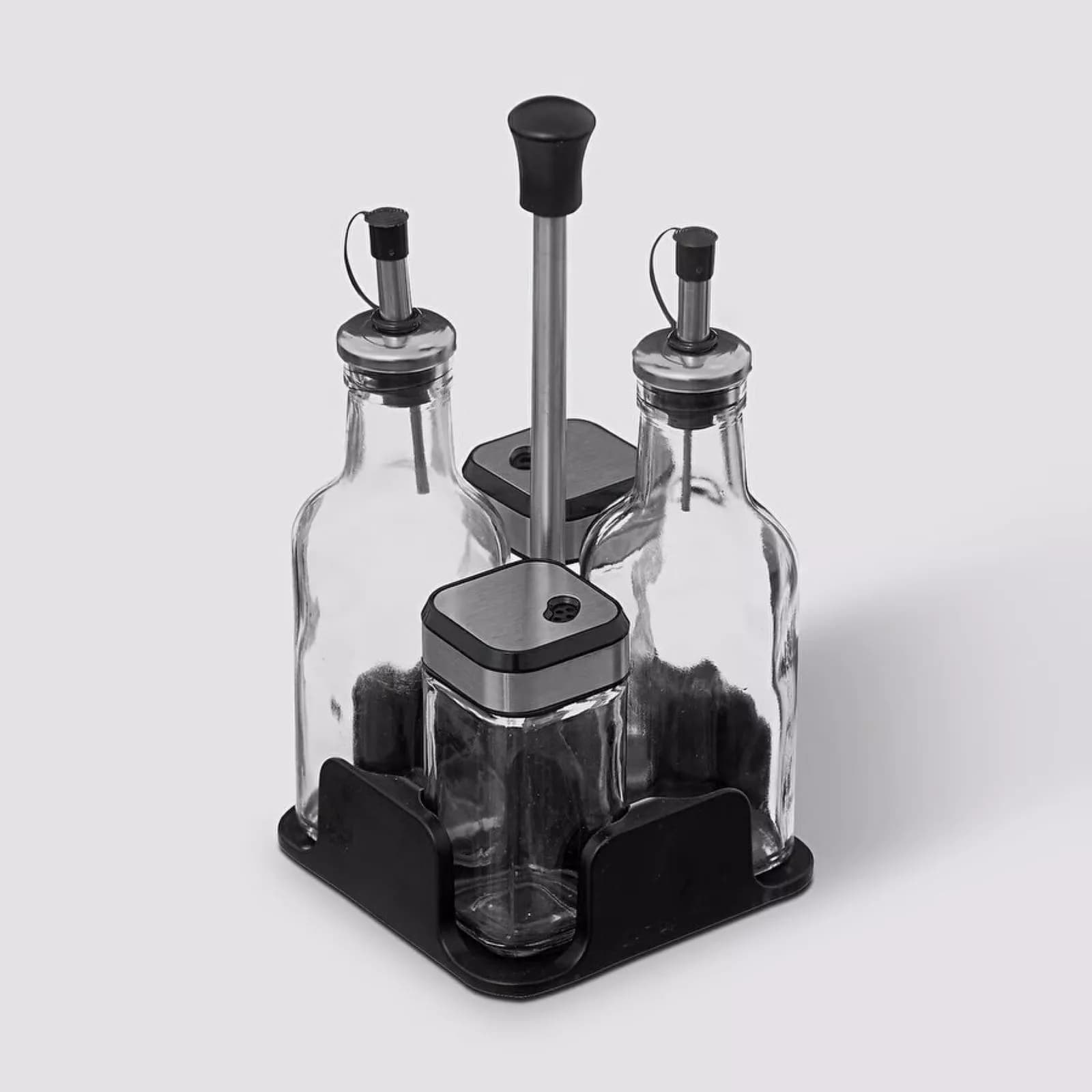 Set 5 accessori per condimenti in acciaio inox cromo e vetro