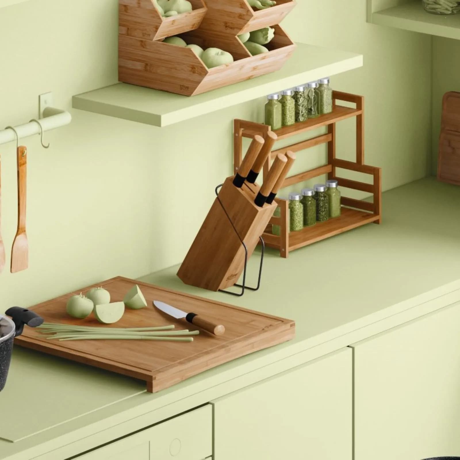 Set 5 coltelli in acciaio inox con base in bambù naturale
