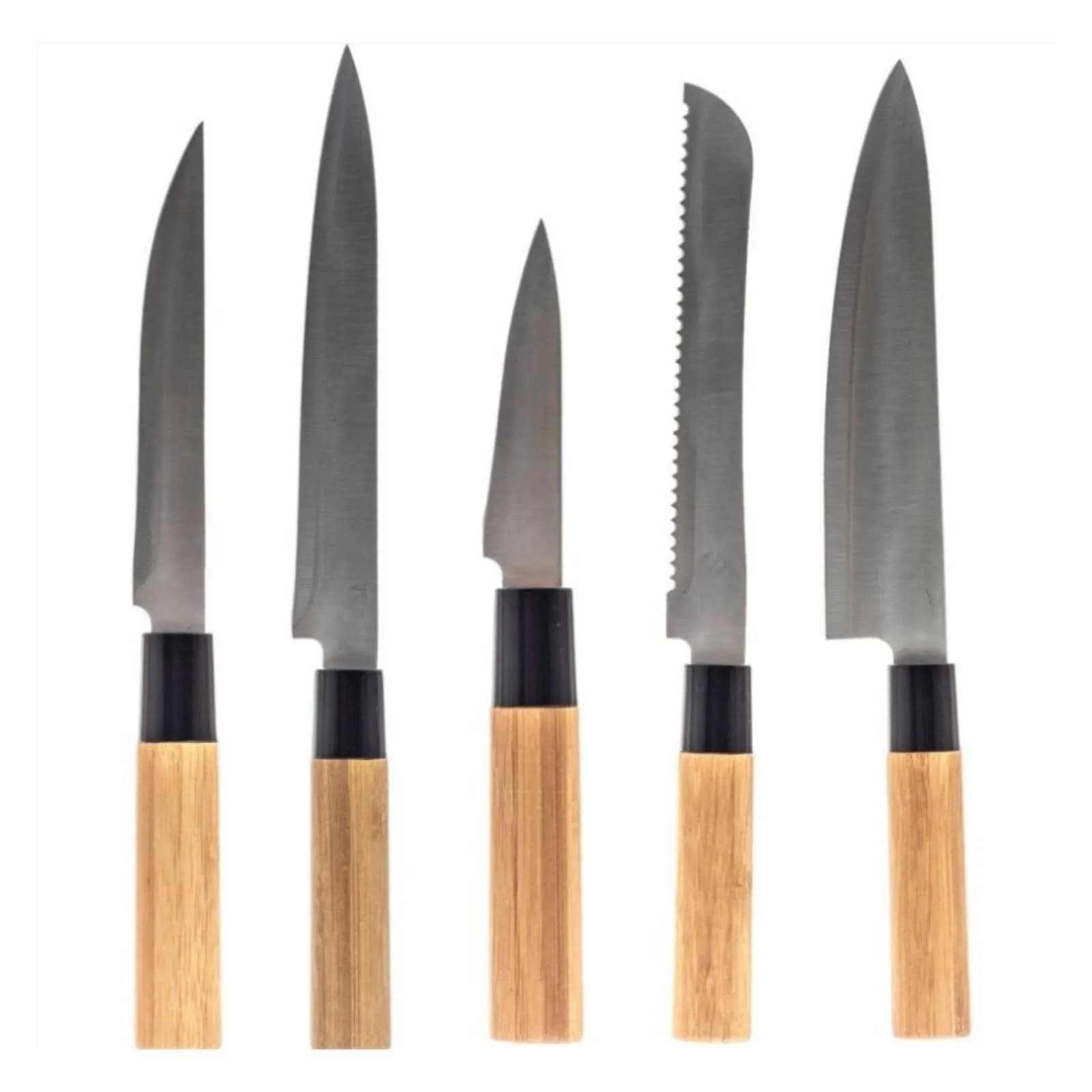 Set 5 coltelli in acciaio inox con base in bambù naturale