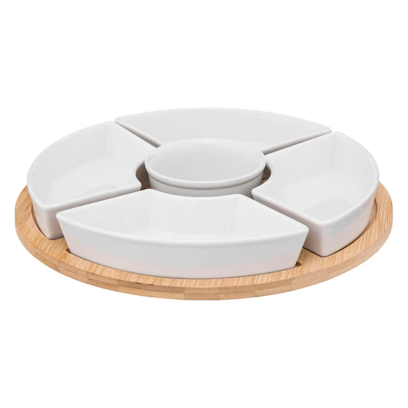 Set 6 accessori per aperitivo in ceramica bianco con vassoio in bambù