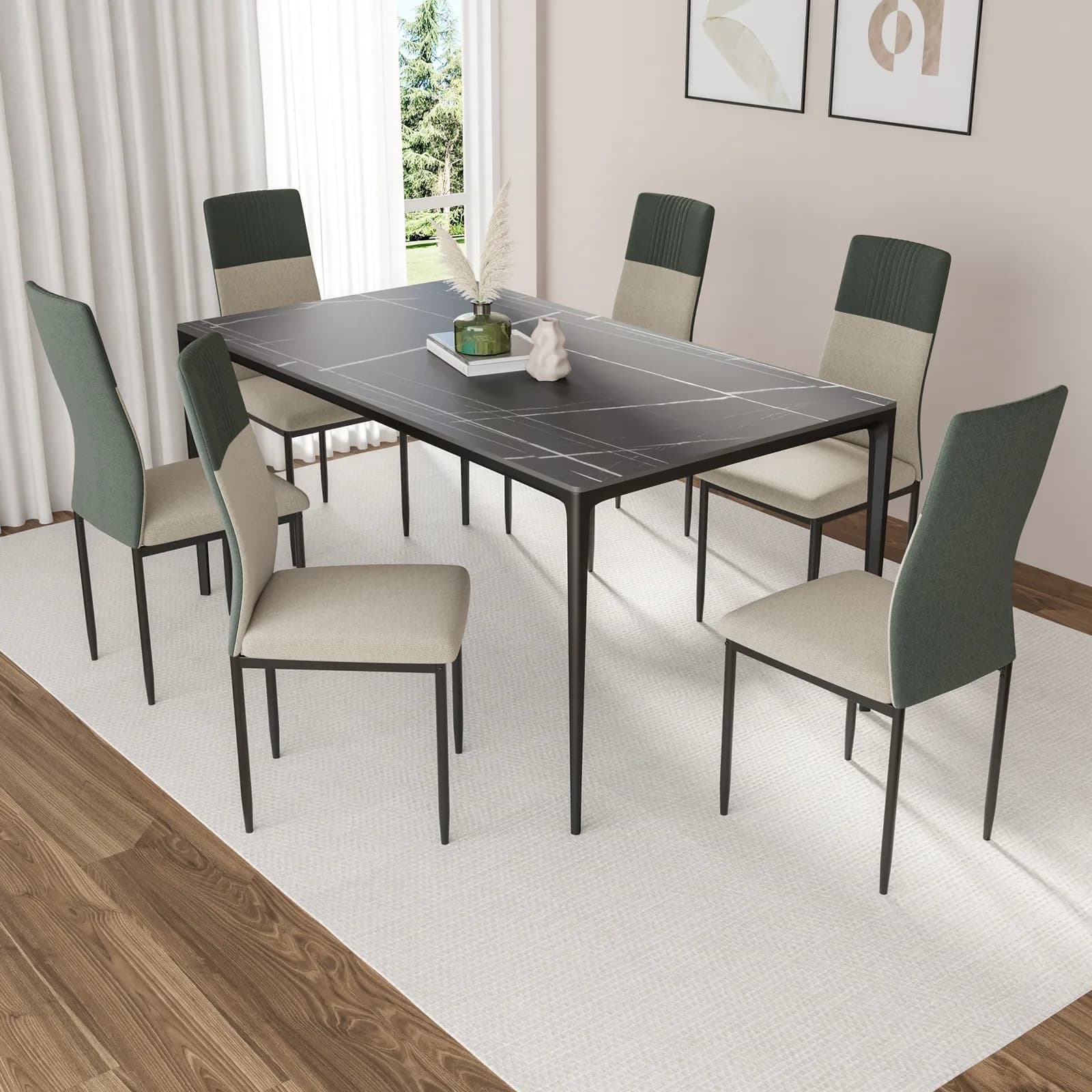 Set 6 sedie in tessuto beige e verde giada con gambe in metallo nere - Sworty Plus