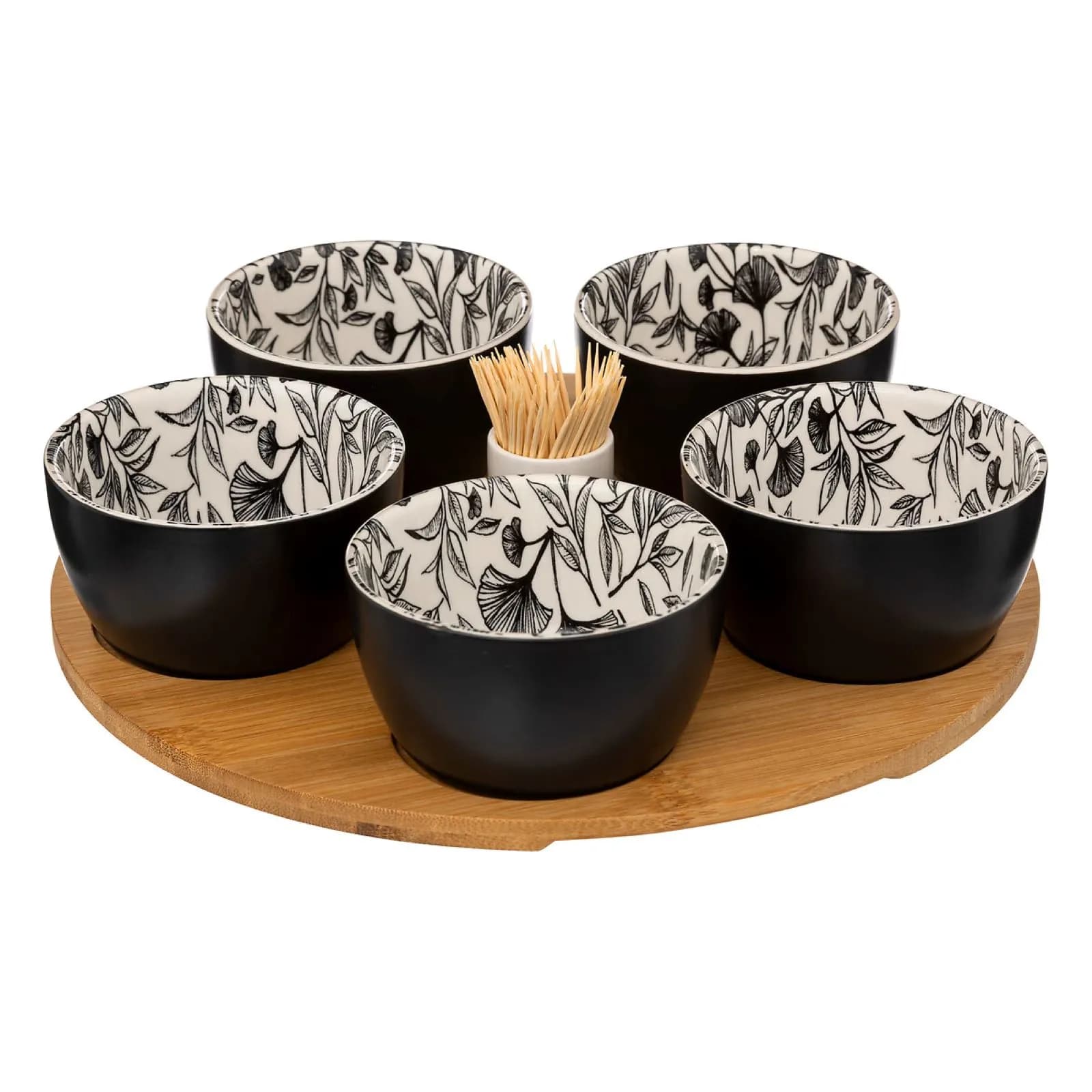 Set 7 accessori per aperitivo in bambù naturale e ceramica con portastecchini