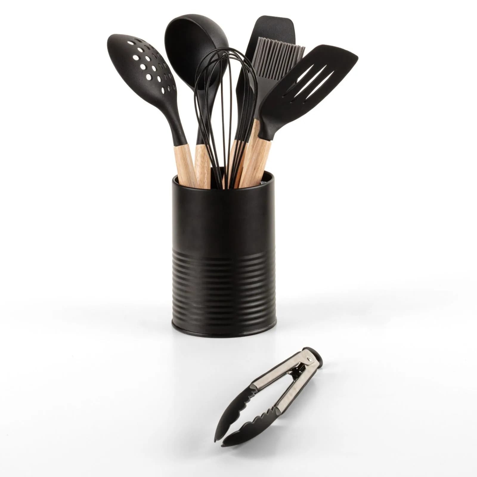 Set 8 utensili da cucina in acciaio nero e legno naturale