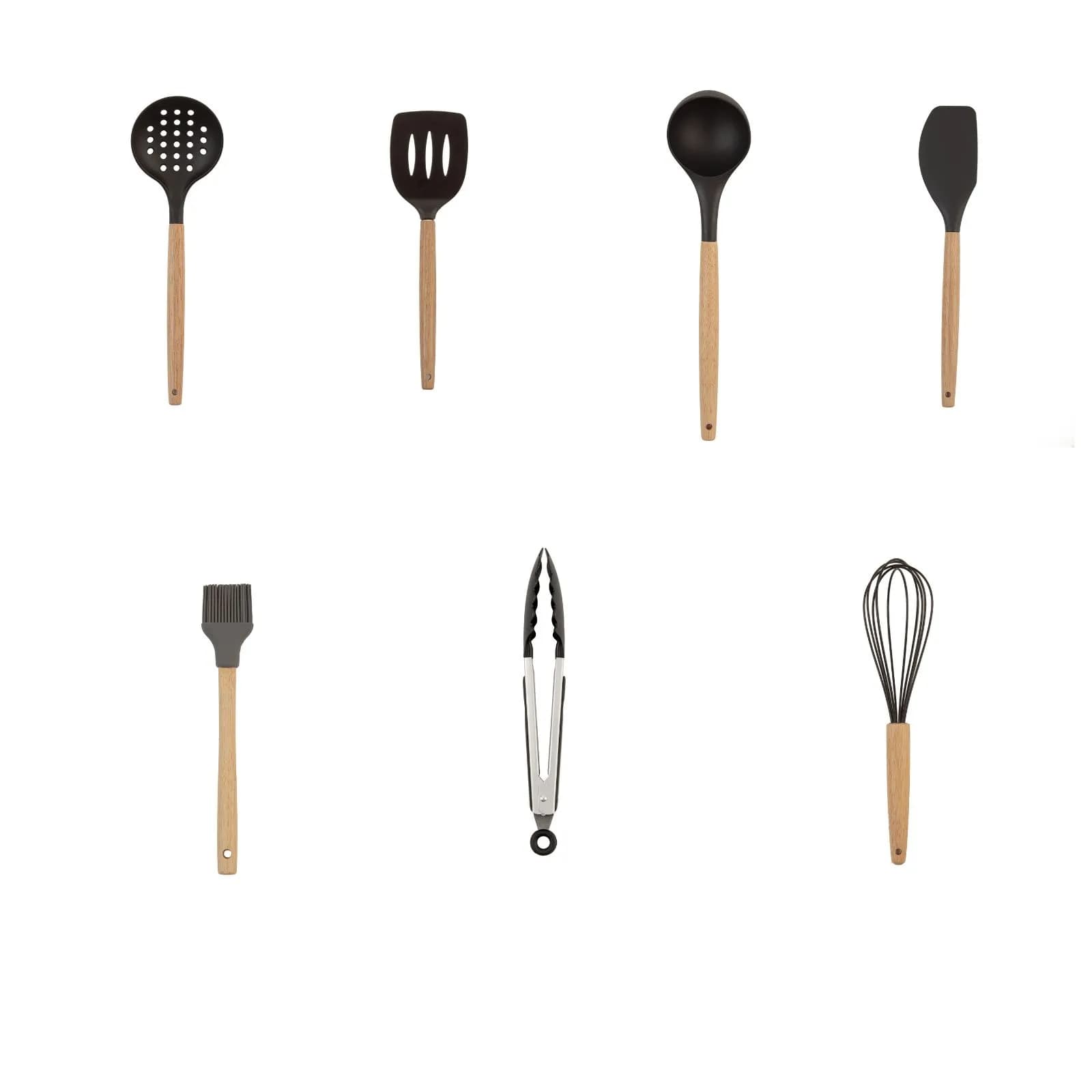 Set 8 utensili da cucina in acciaio nero e legno naturale