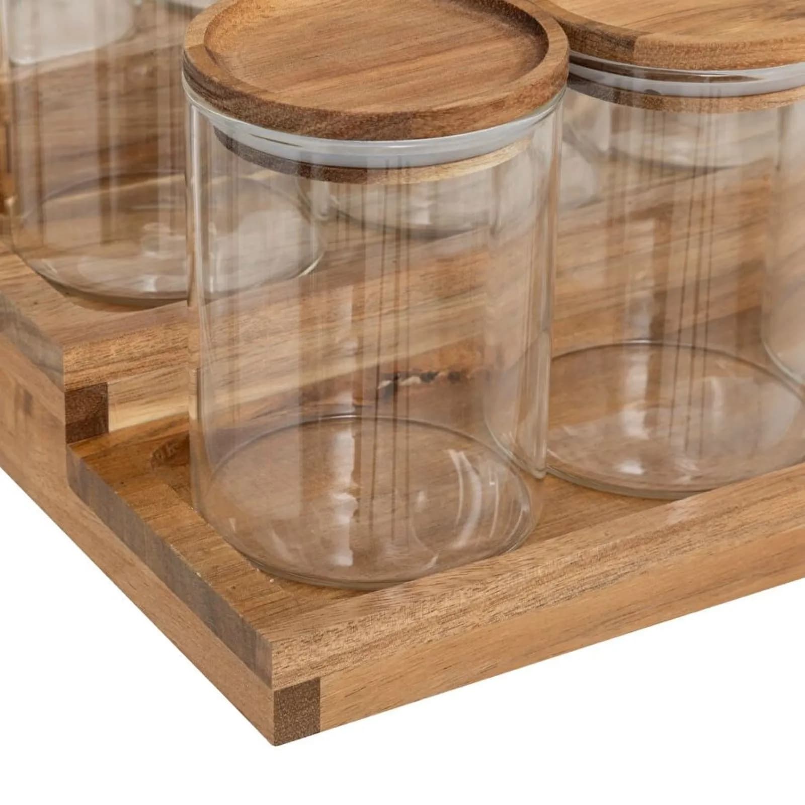 Set 9 vassetti ermetici in vetro con base in legno di acacia naturale