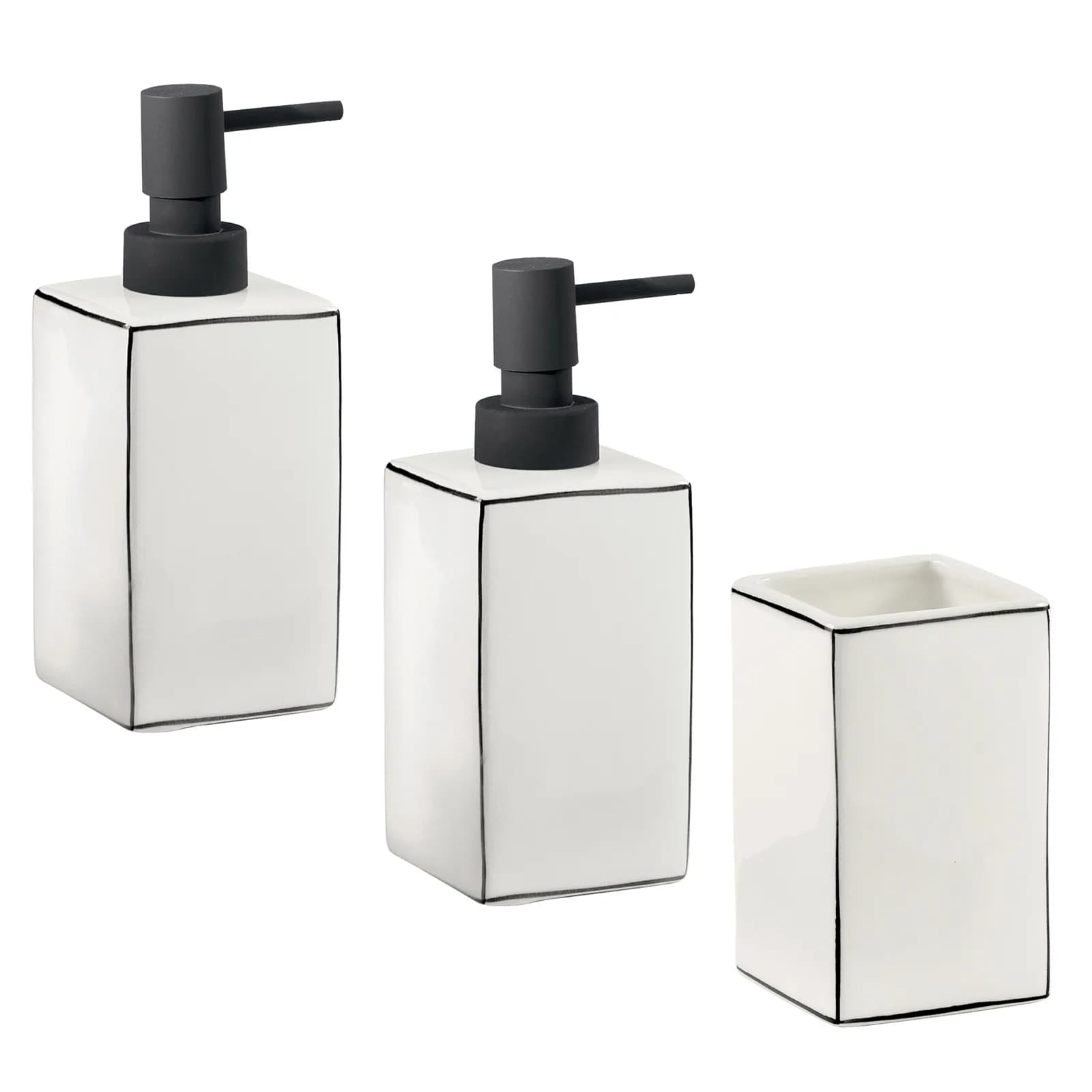 Set 3 accessori da appoggio in ceramica bianco con profilo nero - Lucrezia di Gedy
