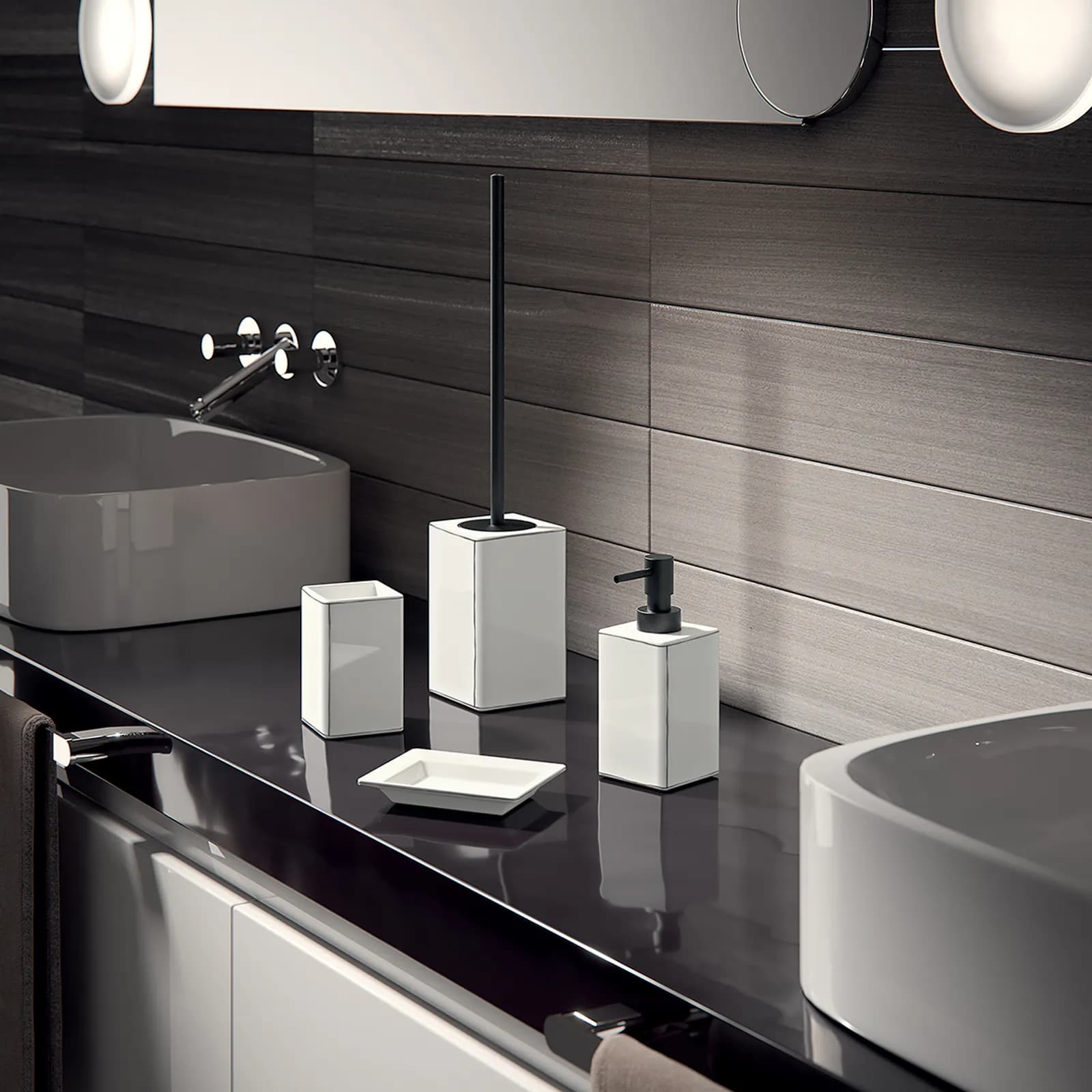 Set 3 accessori da appoggio in ceramica bianco con profilo nero - Lucrezia di Gedy