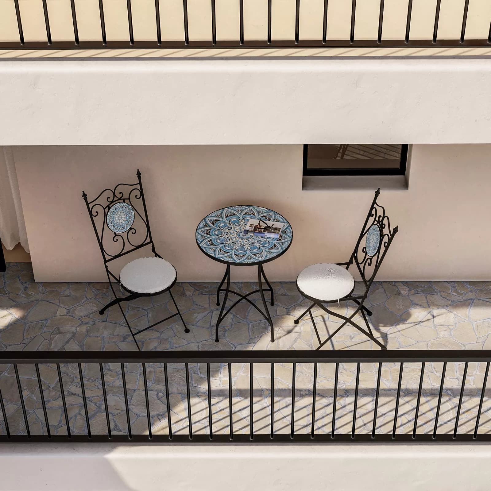 Set bistrot 2 sedie e tavolo rotondo 60 cm con decorazione mandala blu - Otranto