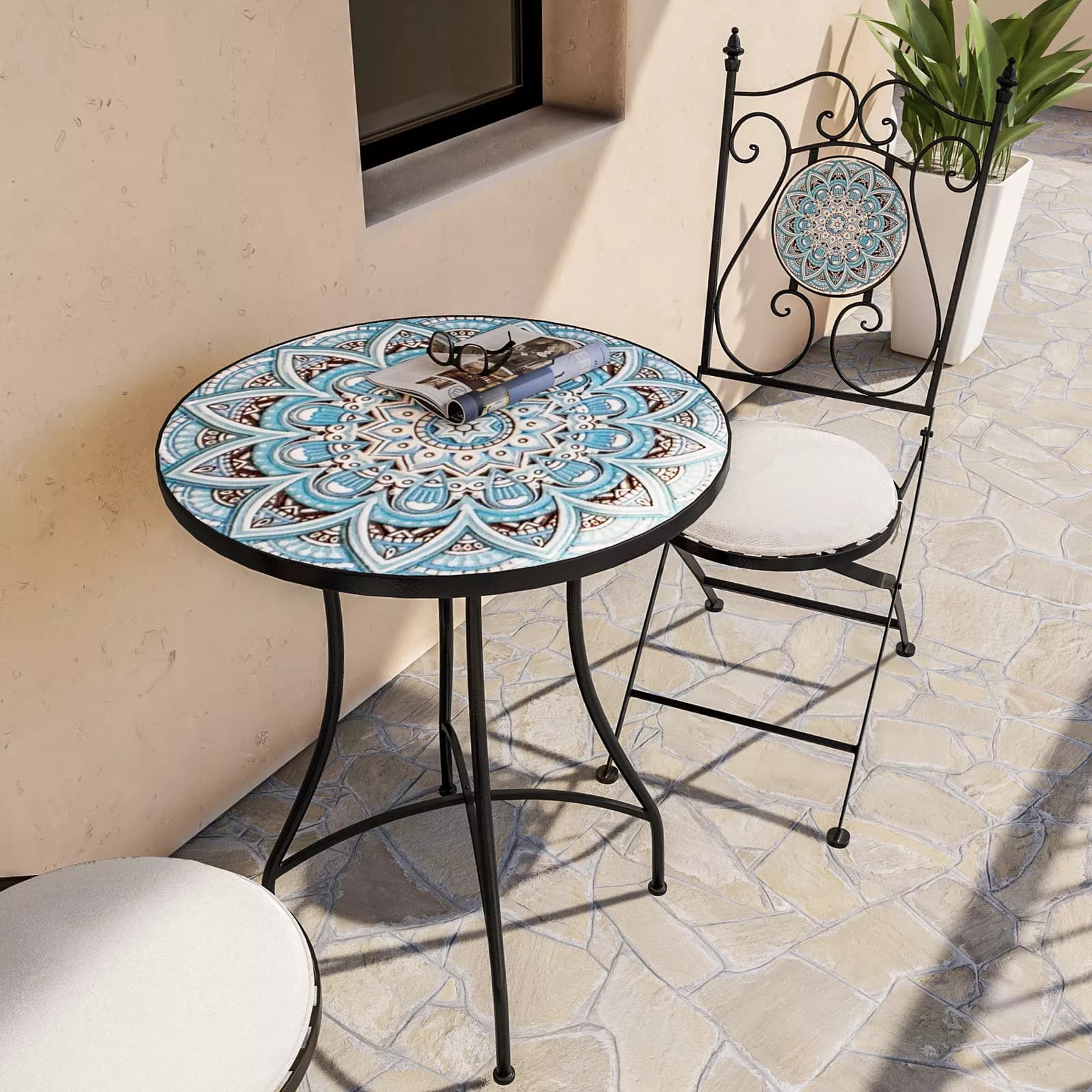 Set bistrot 2 sedie e tavolo rotondo 60 cm con decorazione mandala blu - Otranto