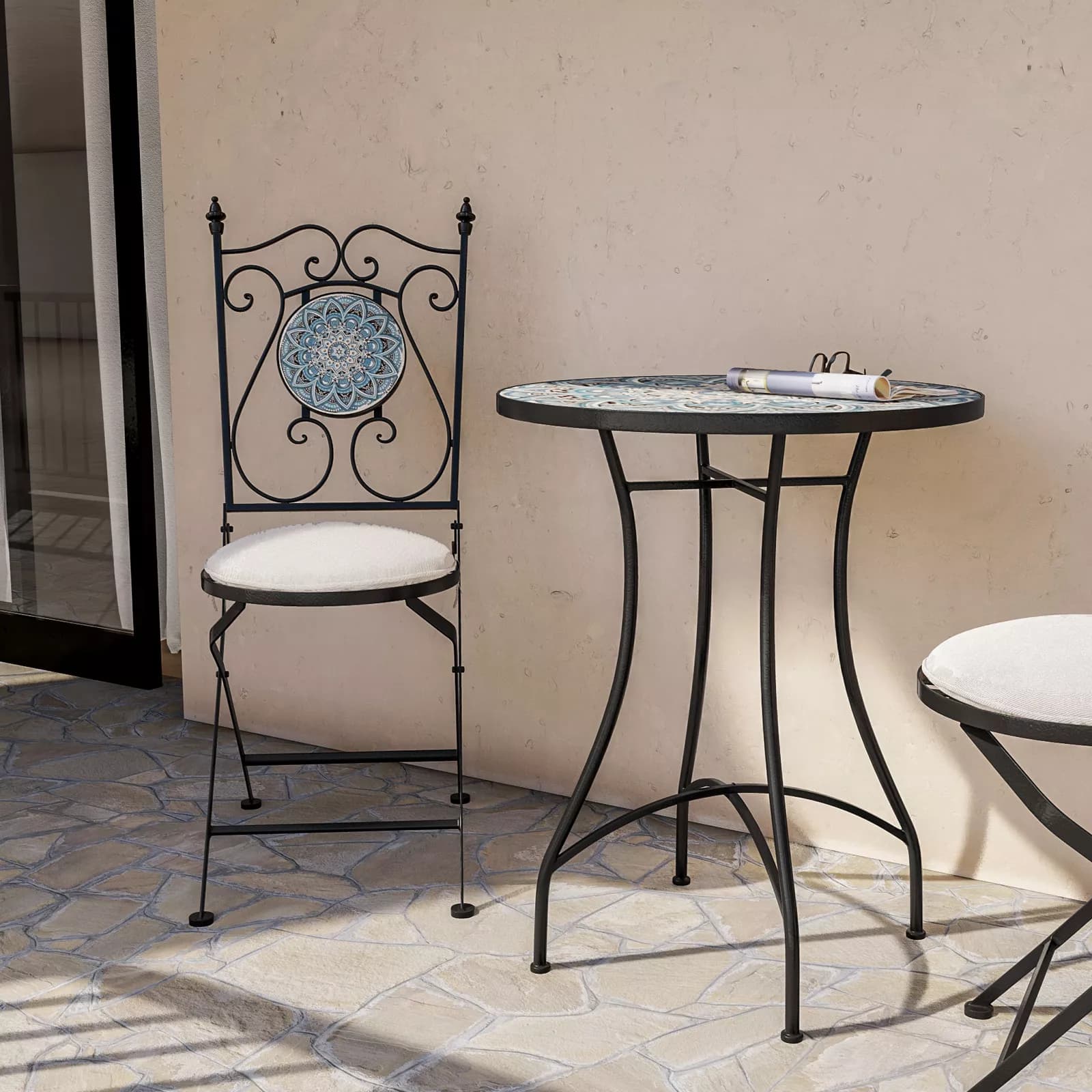 Set bistrot 2 sedie e tavolo rotondo 60 cm con decorazione mandala blu - Otranto