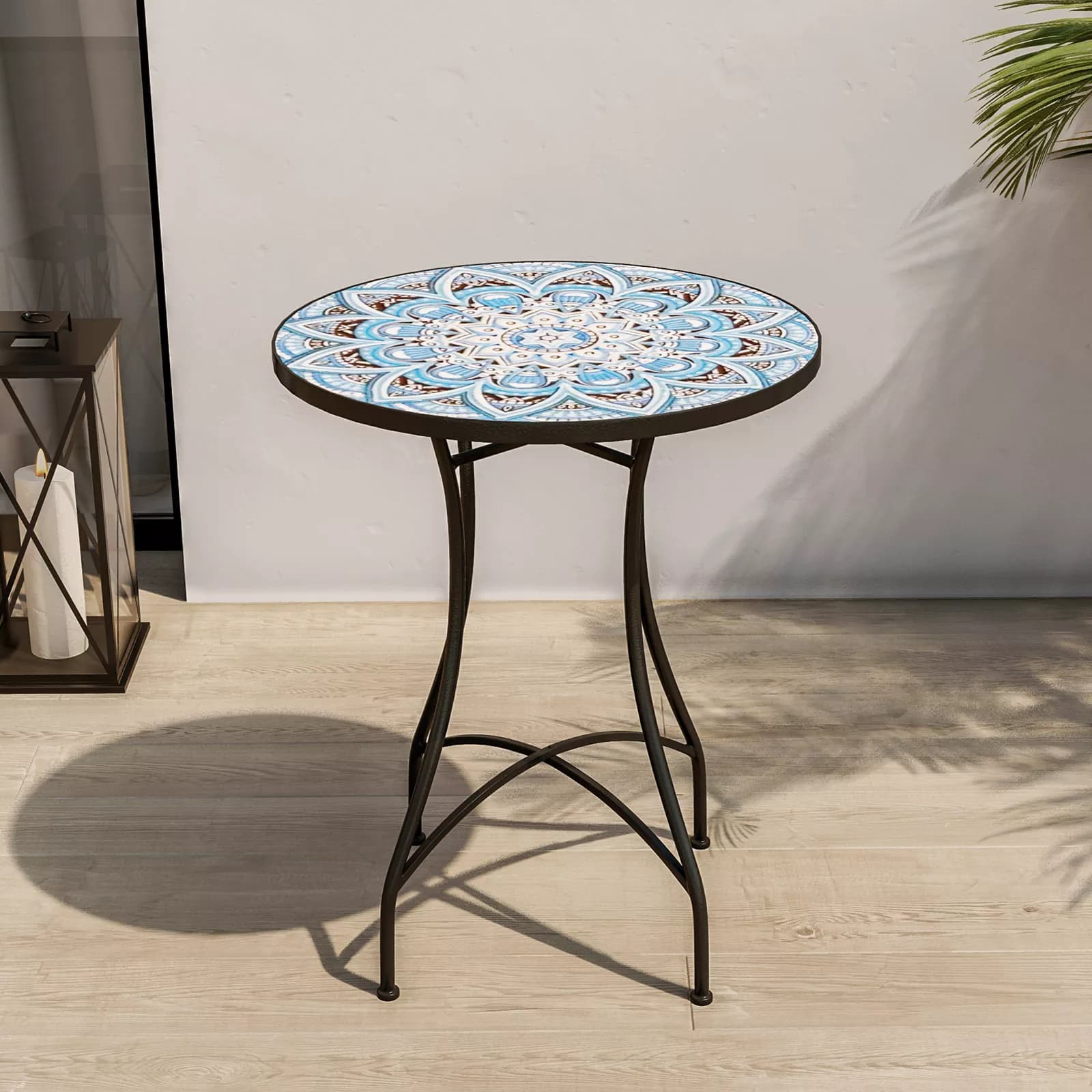 Set bistrot 2 sedie e tavolo rotondo 60 cm con decorazione mandala blu - Otranto