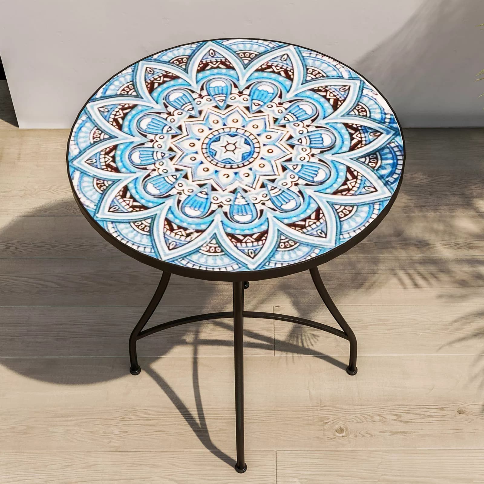 Set bistrot 2 sedie e tavolo rotondo 60 cm con decorazione mandala blu - Otranto