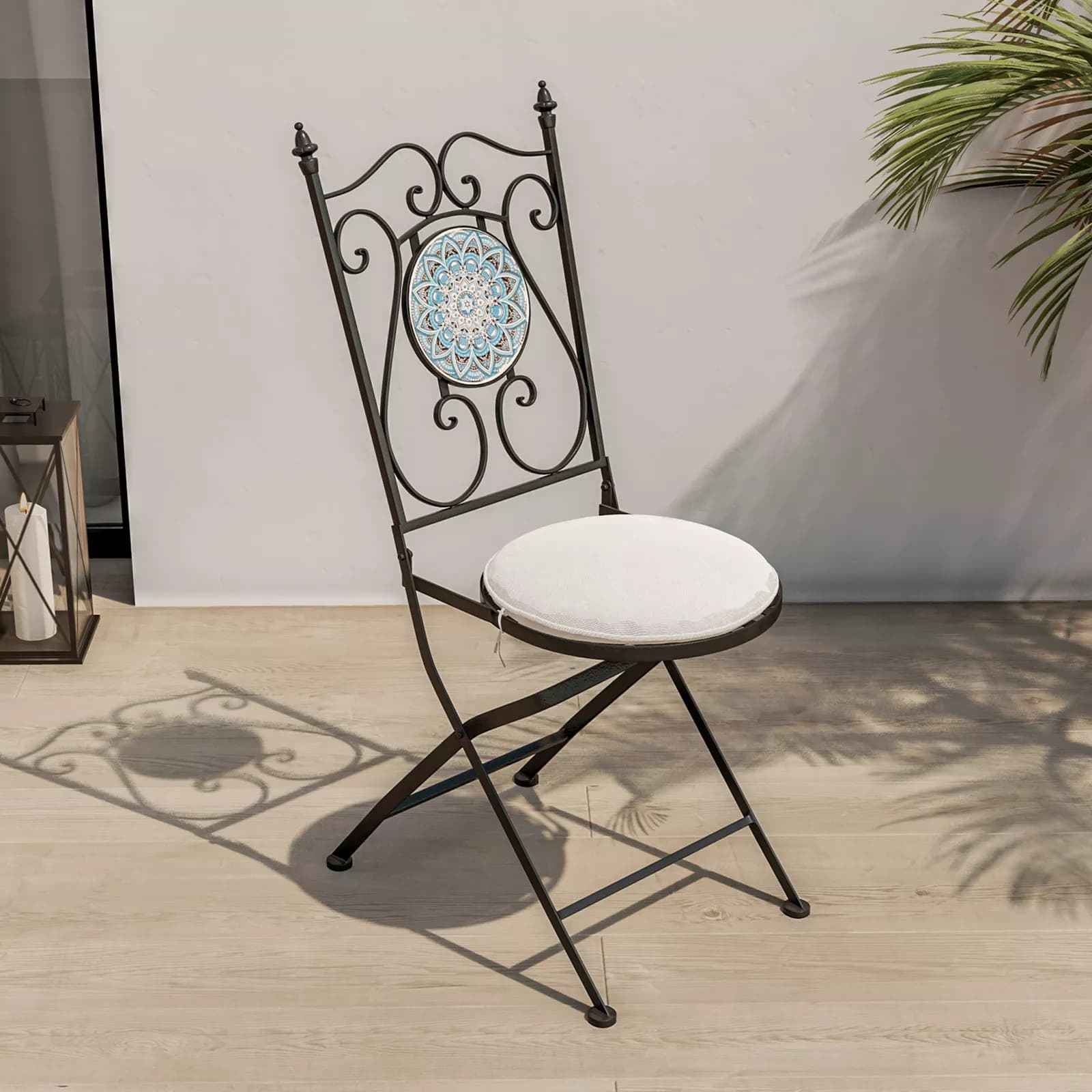 Set bistrot 2 sedie e tavolo rotondo 60 cm con decorazione mandala blu - Otranto