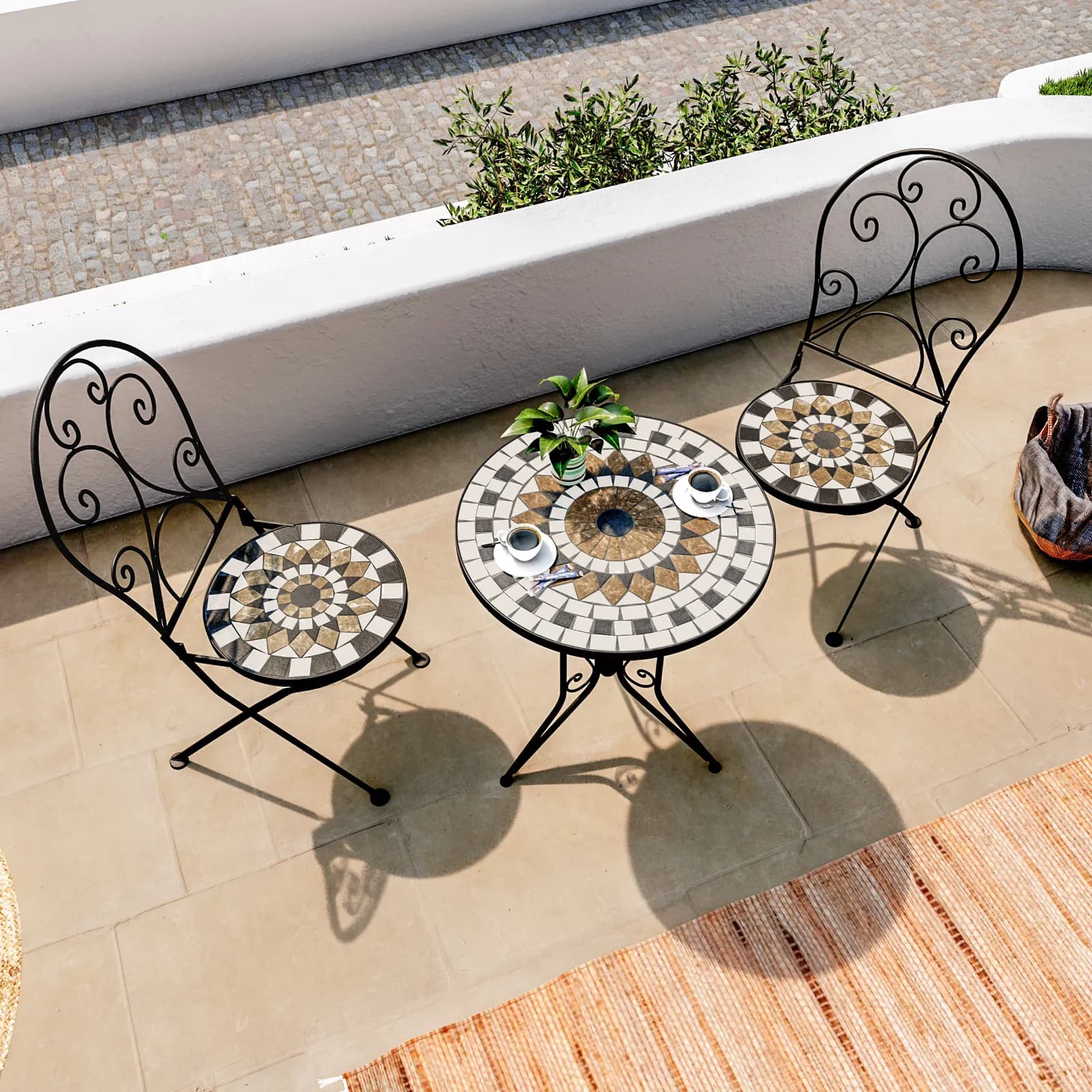 Set bistrot con tavolo Ø 60 cm e due sedie con decorazione mosaico - Otranto