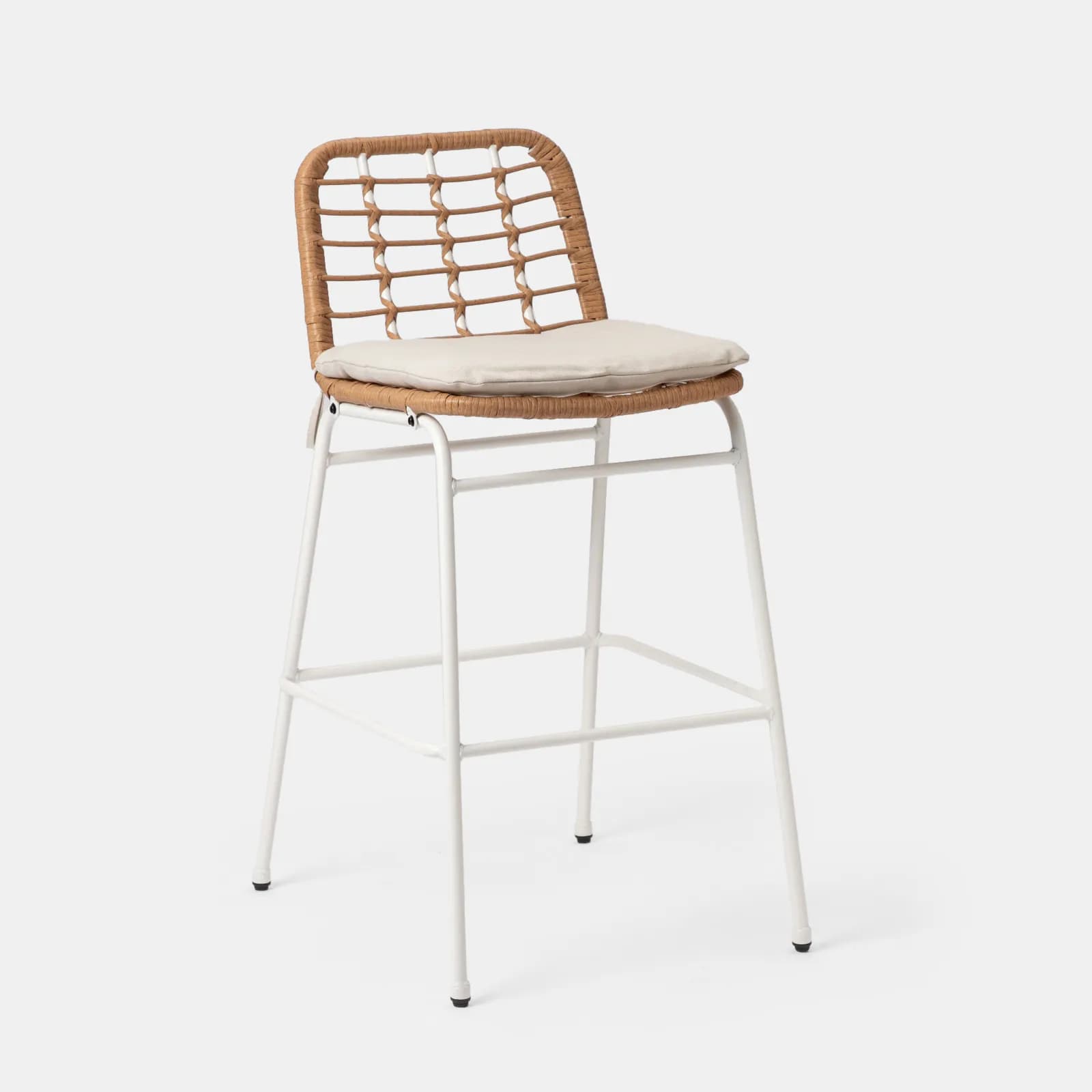 Set bistrot tavolo alto rotondo 70 cm e 2 sgabelli in acciaio bianco e polyrattan naturale - Griel