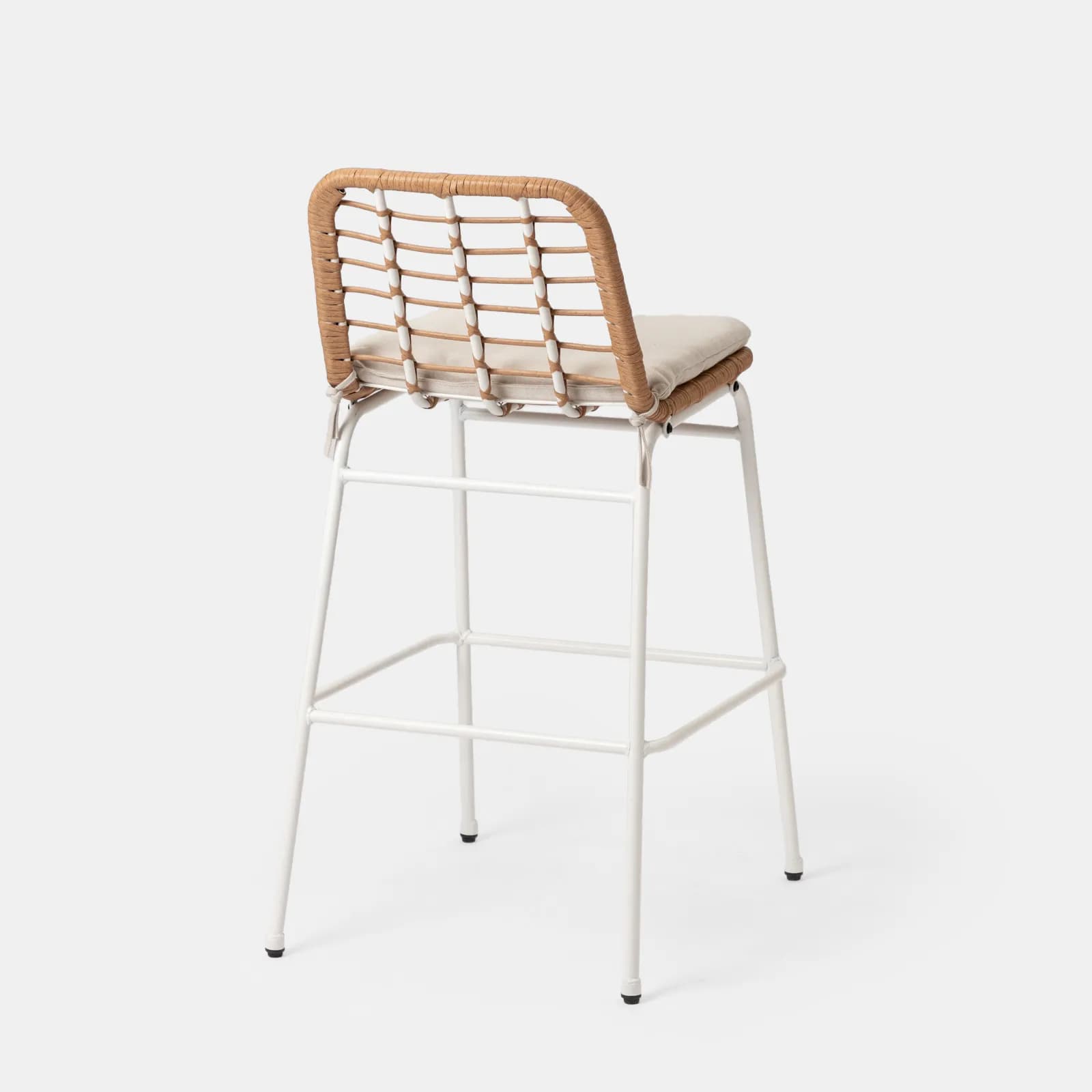 Set bistrot tavolo alto rotondo 70 cm e 2 sgabelli in acciaio bianco e polyrattan naturale - Griel