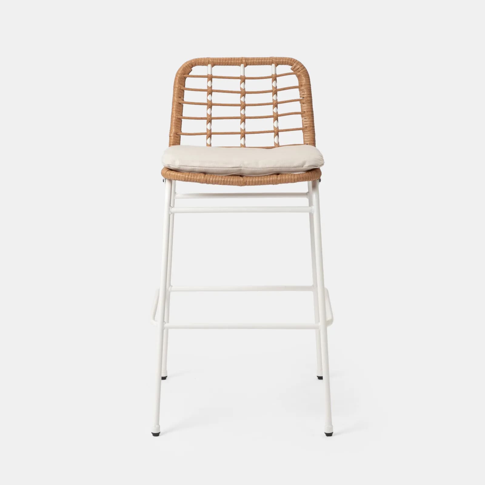 Set bistrot tavolo alto rotondo 70 cm e 2 sgabelli in acciaio bianco e polyrattan naturale - Griel