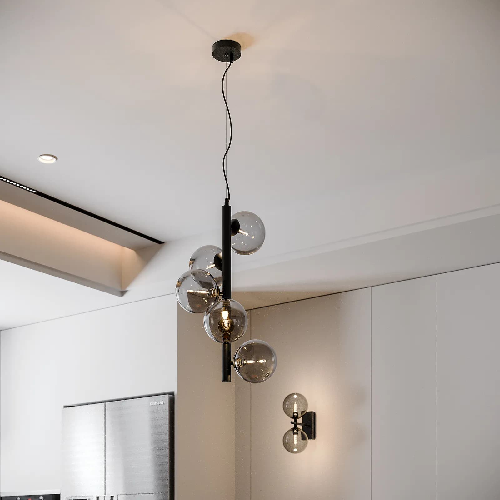 Set con lampada sospesa 183h cm e 2 applique in metallo nero e diffusore fumé
