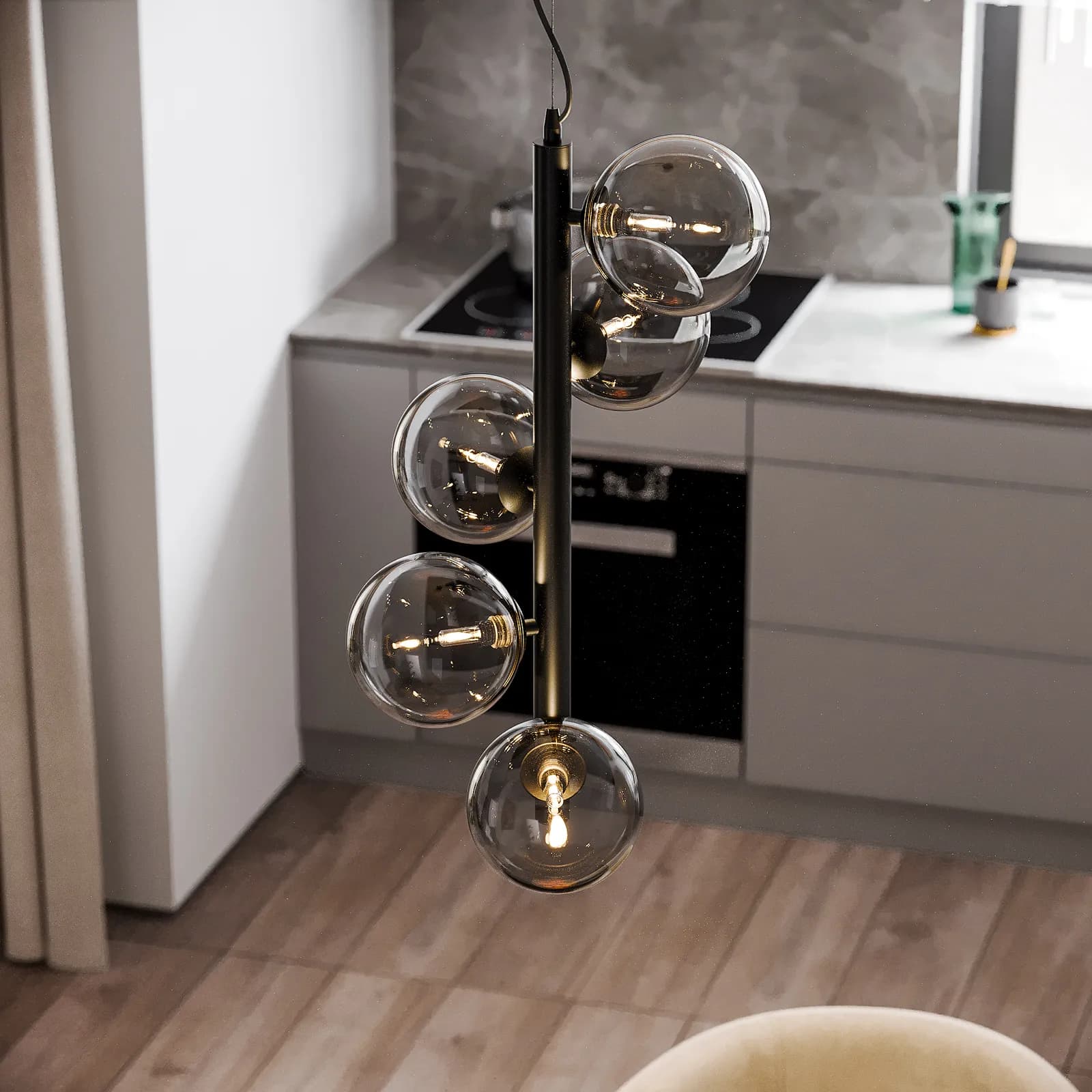 Set con lampada sospesa 183h cm e 2 applique in metallo nero e diffusore fumé