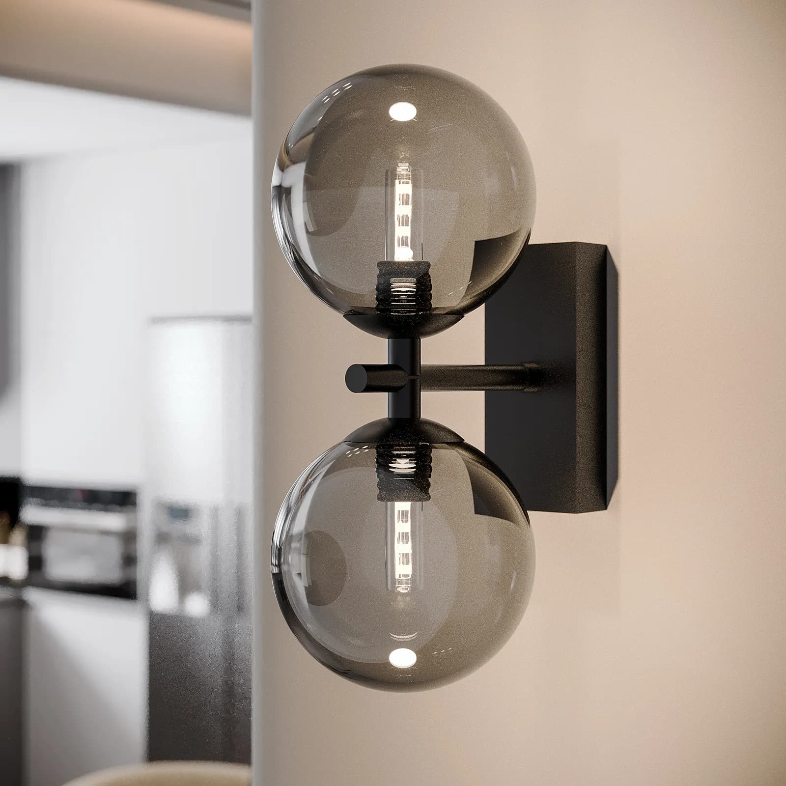 Set con lampada sospesa 183h cm e 2 applique in metallo nero e diffusore fumé