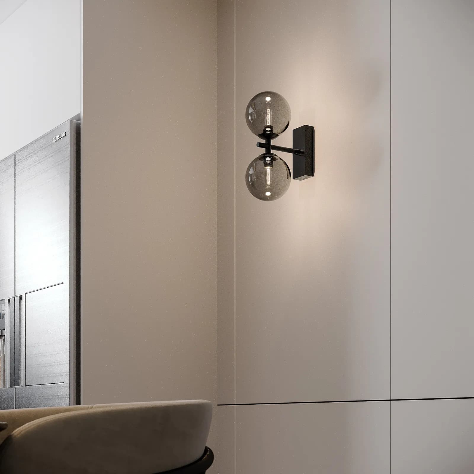 Set con lampada sospesa 183h cm e 2 applique in metallo nero e diffusore fumé