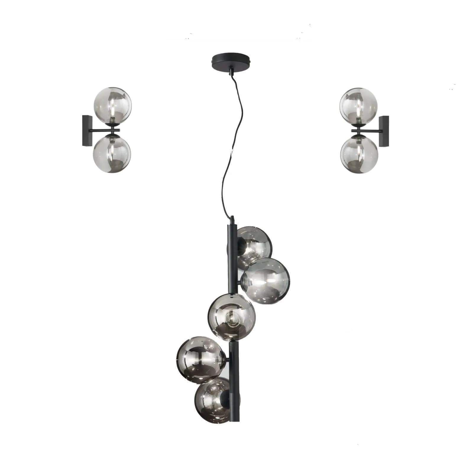 Set con lampada sospesa 183h cm e 2 applique in metallo nero e diffusore fumé