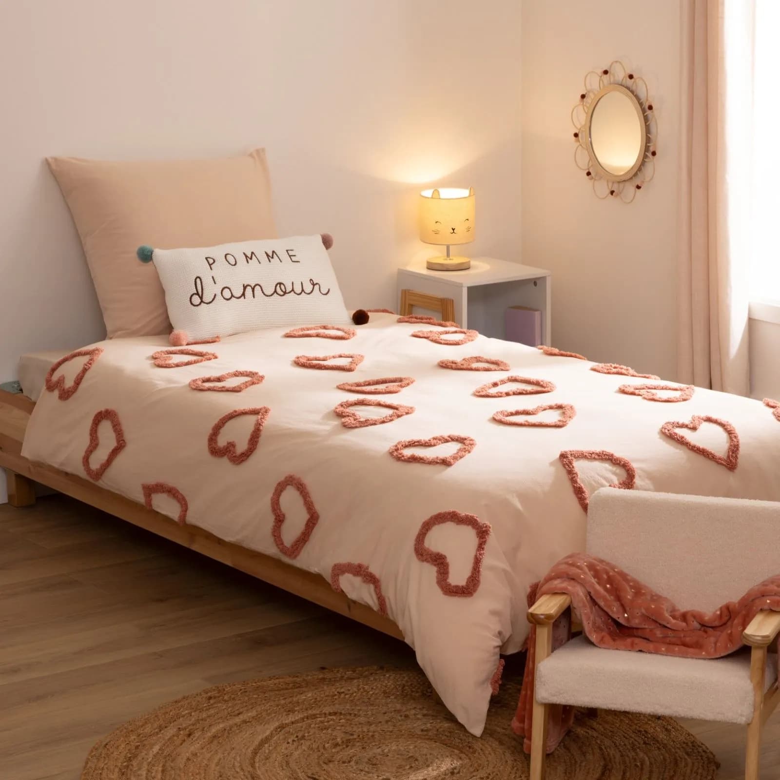 Set copripiumino 140x200 cm con federa in cotone rosa con cuori - Timothy Kids