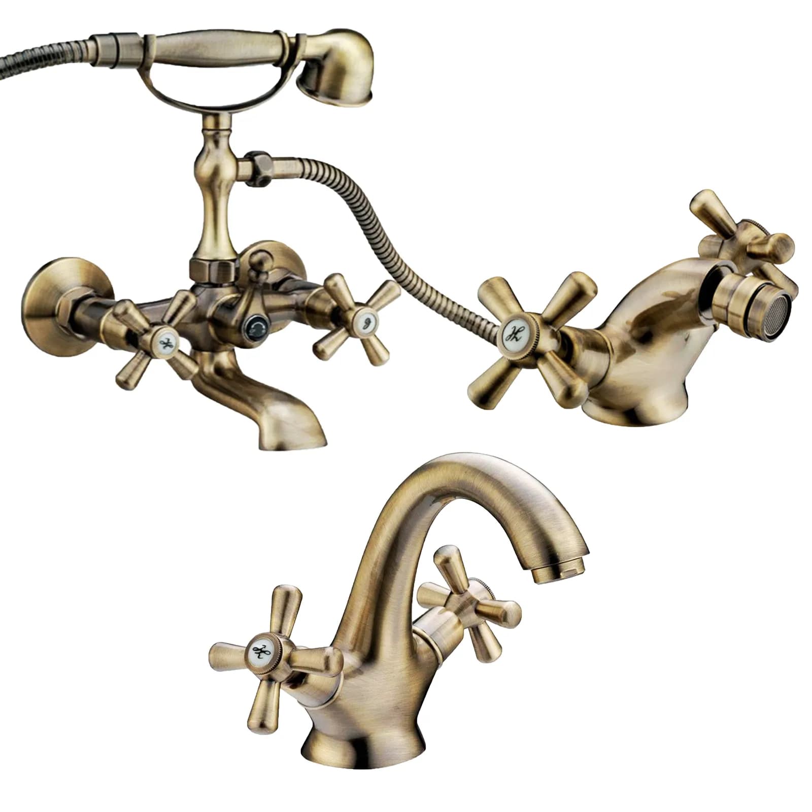 Set di miscelatori lavabo bidet e vasca in ottone bronzato modello retrò