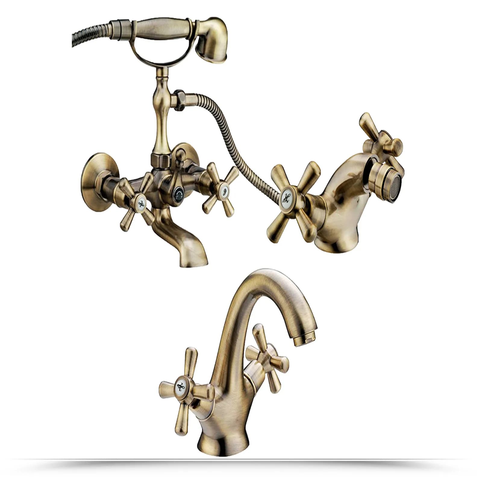 Set di miscelatori lavabo bidet e vasca in ottone bronzato modello retrò