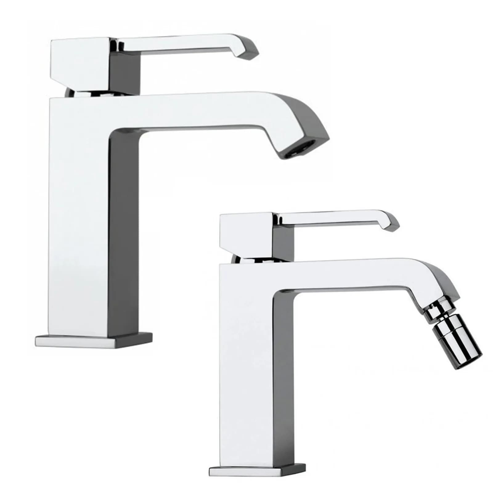 Set di miscelatori per lavabo e bidet Paini Serie Q in ottone cromato squadrato