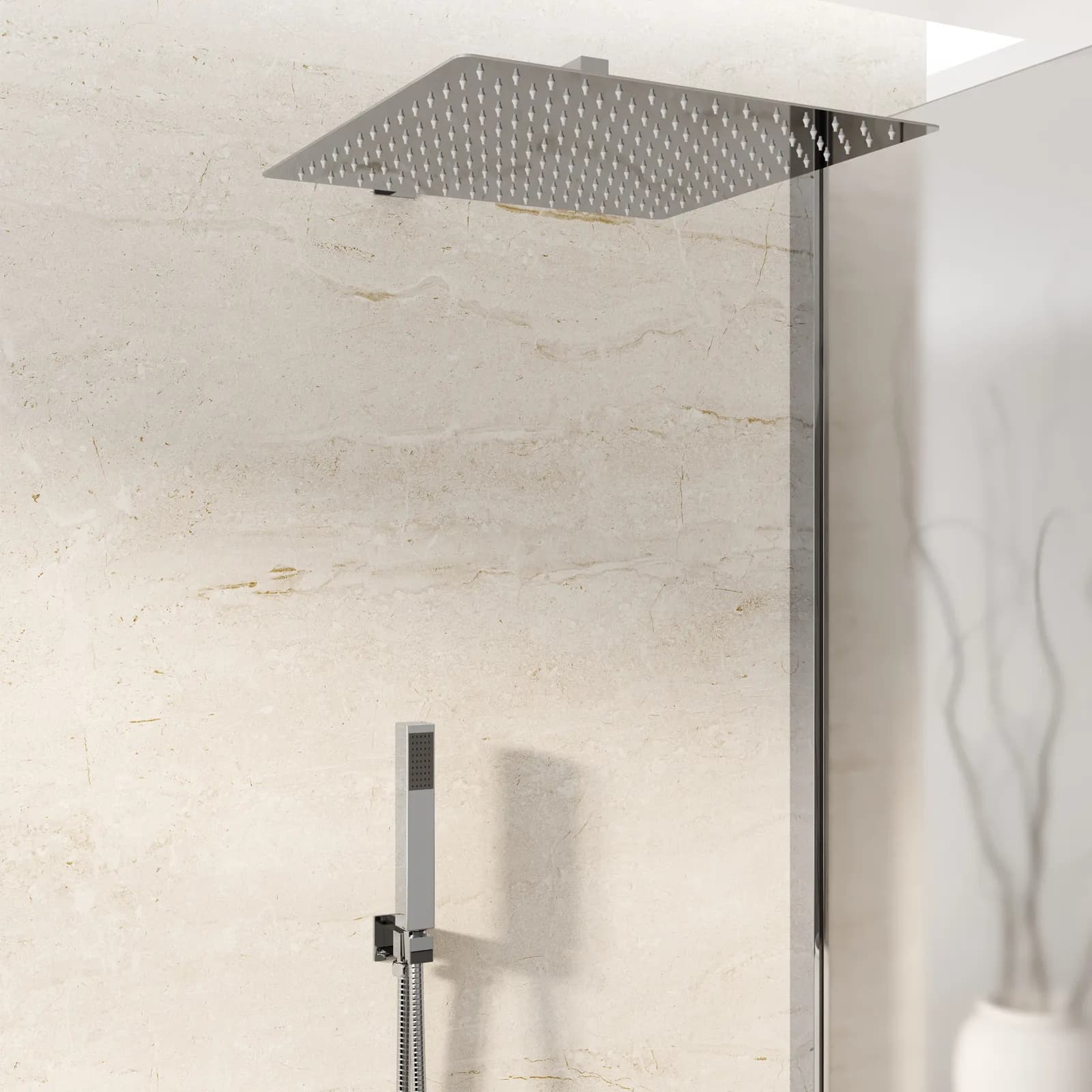 Set doccia cromato con soffione squadrato con braccio e doccetta con presa acqua