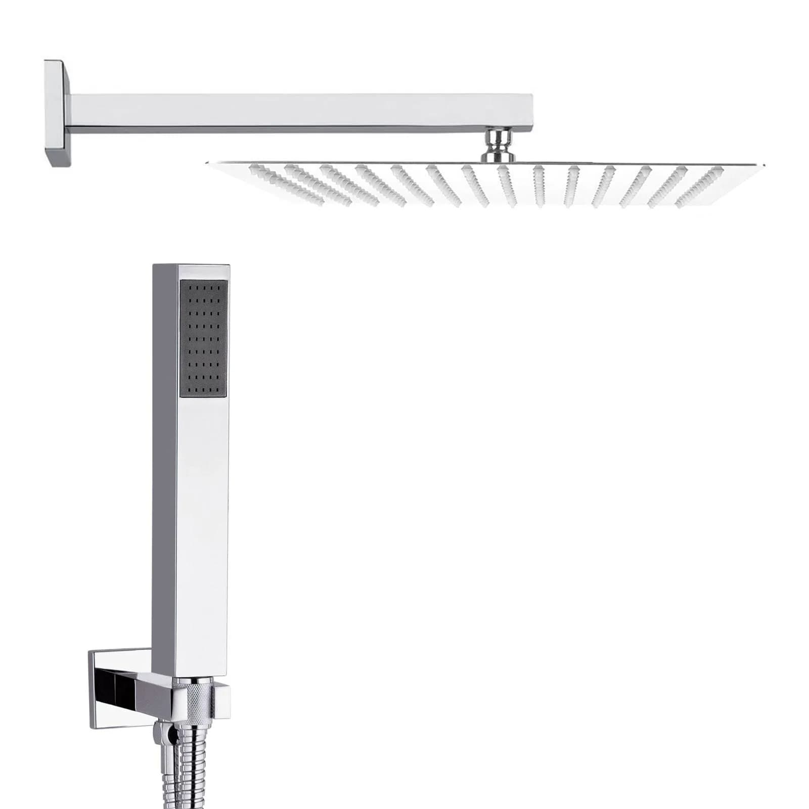 Set doccia cromato con soffione squadrato con braccio e doccetta con presa acqua