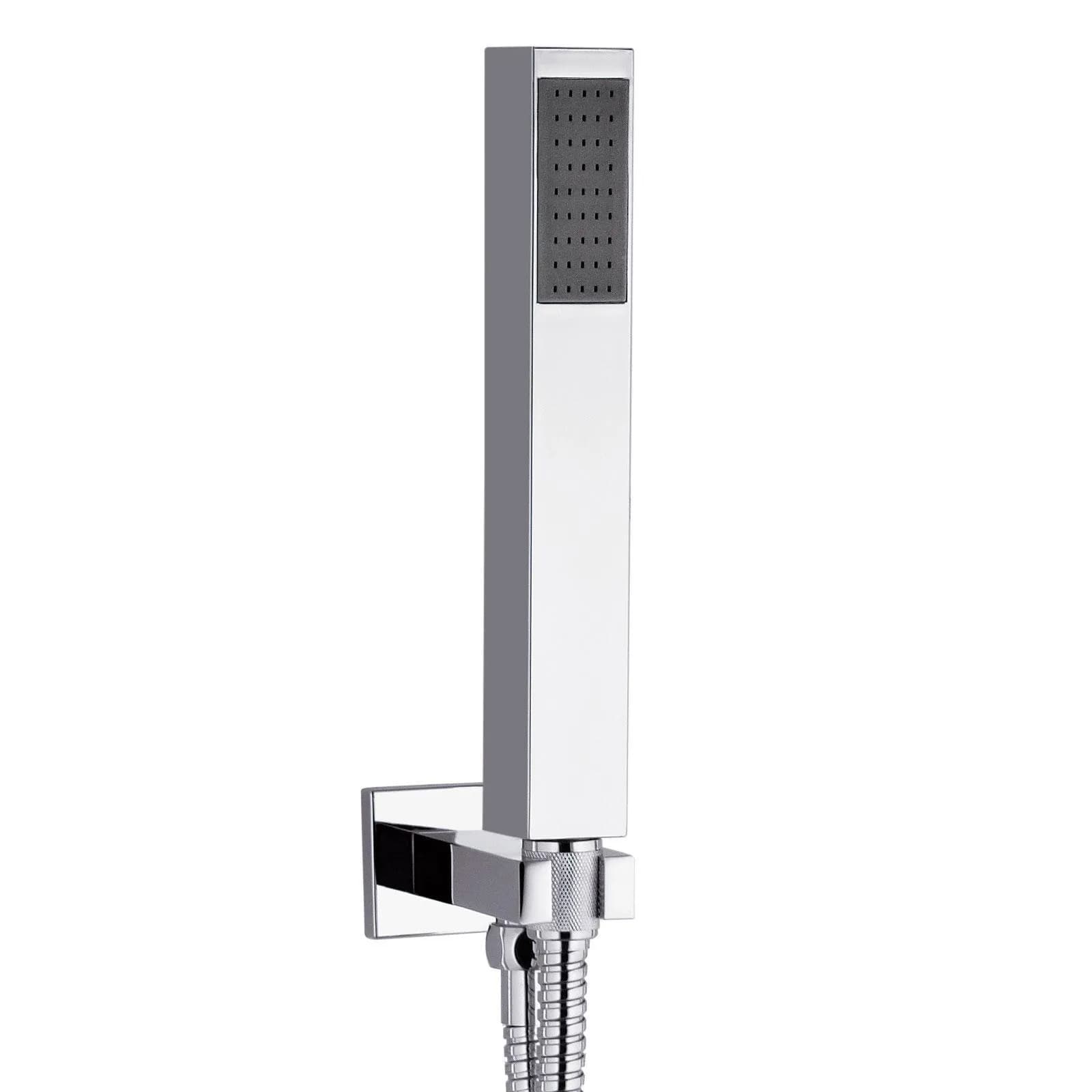Set doccia cromato con soffione squadrato con braccio e doccetta con presa acqua