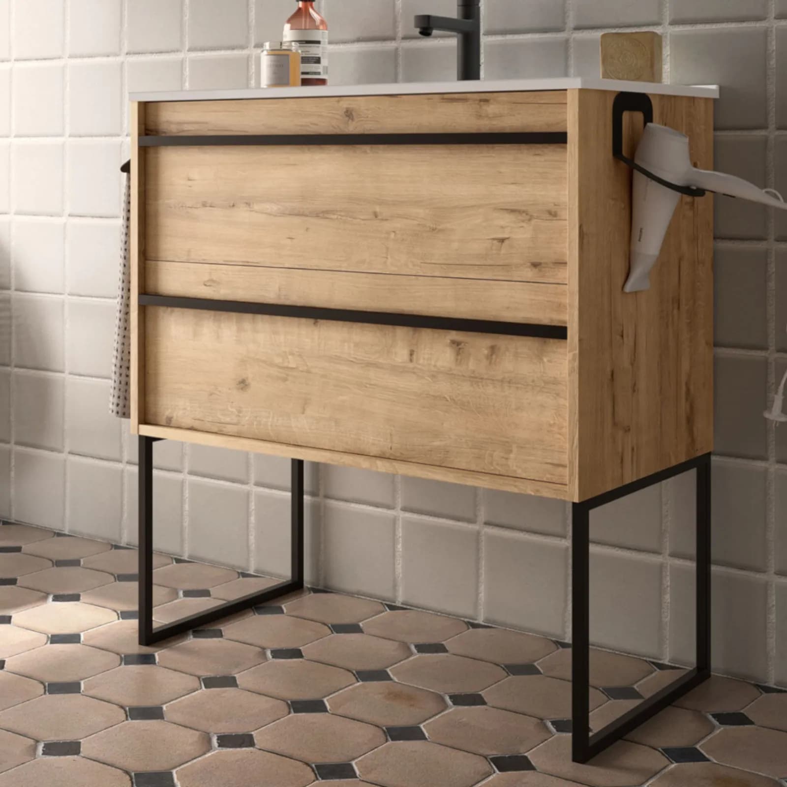 Set due piedini 33x43,2 cm con struttura in acciaio nero per mobili bagno profondità 46 cm
