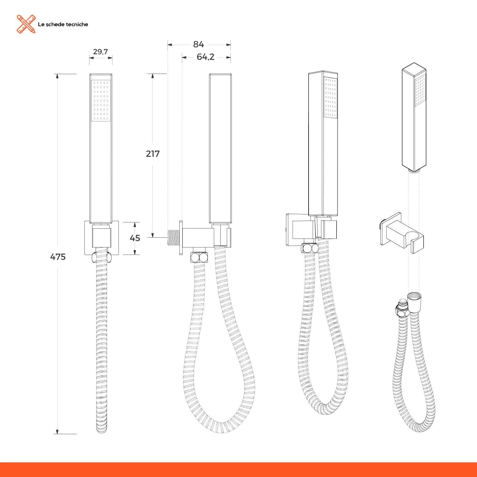 Set incasso doccetta squadrata con presa acqua e flessibile cromo