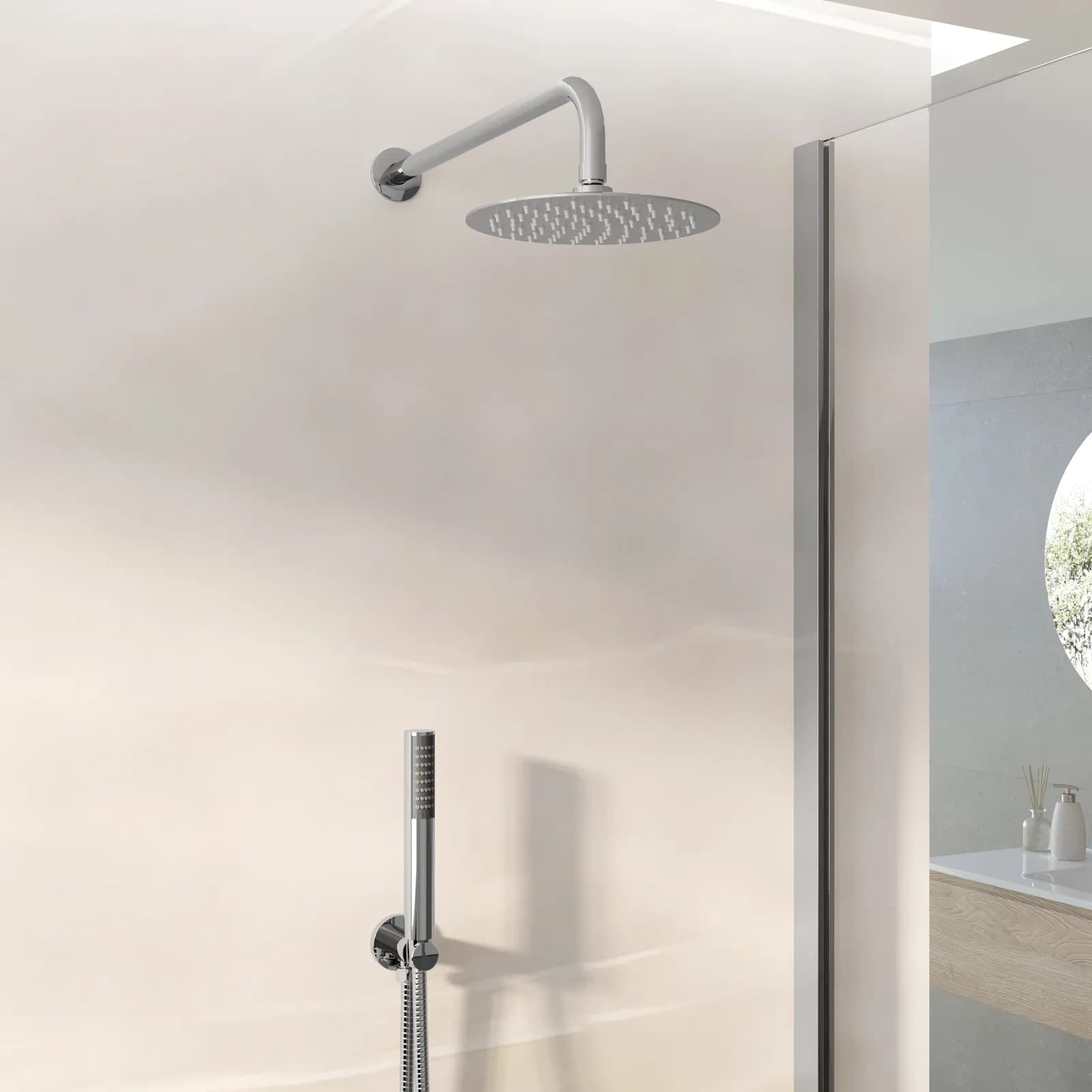 Set incasso doccia braccio 30 cm soffione e doccino con flessibile e presa acqua - Flow