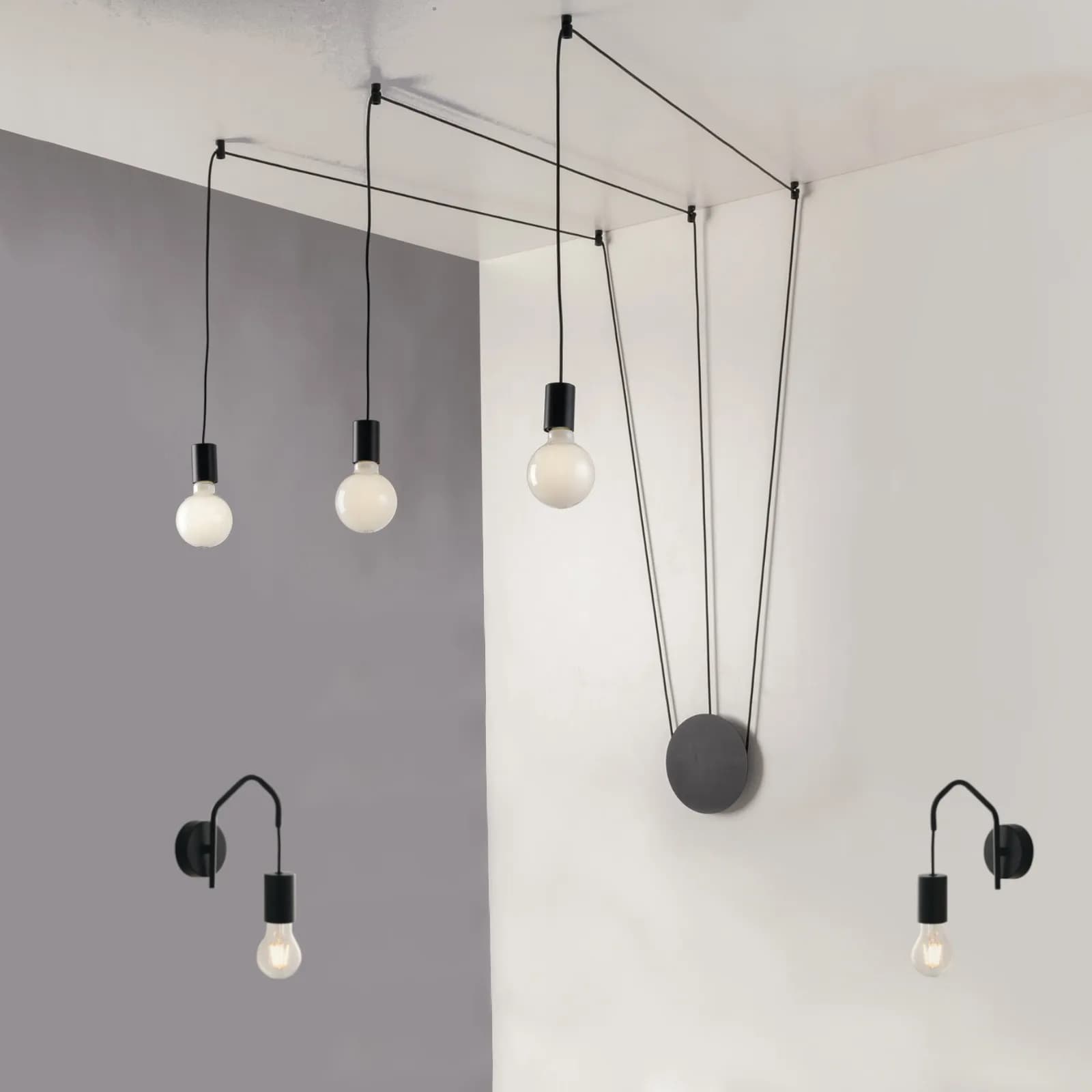Set lampada a sospensione a 3 luci e 2 applique con 12 deviatori inclusi in metallo nero