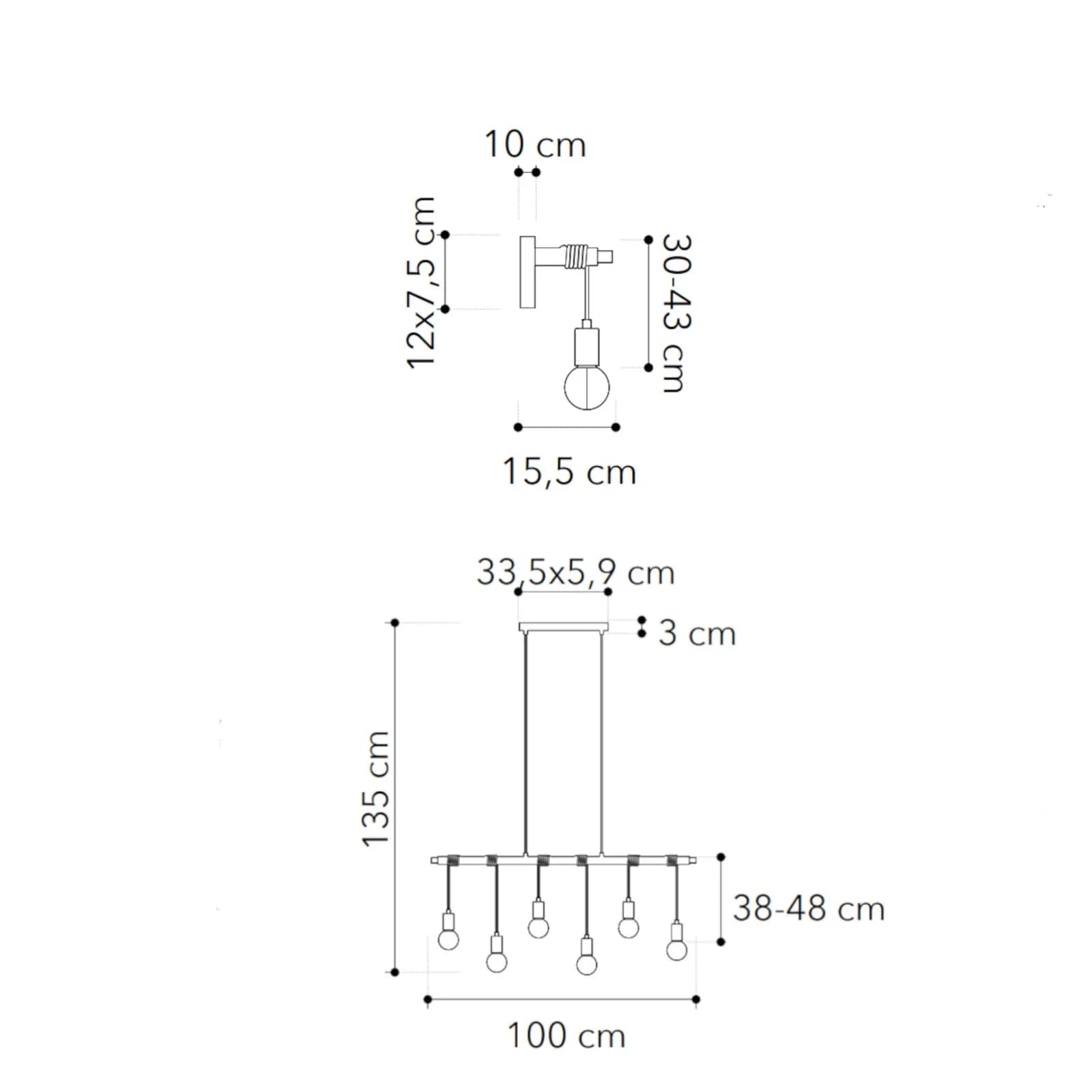 Set lampada sospesa e 2 applique in metallo cromo con cavi in tessuto nero