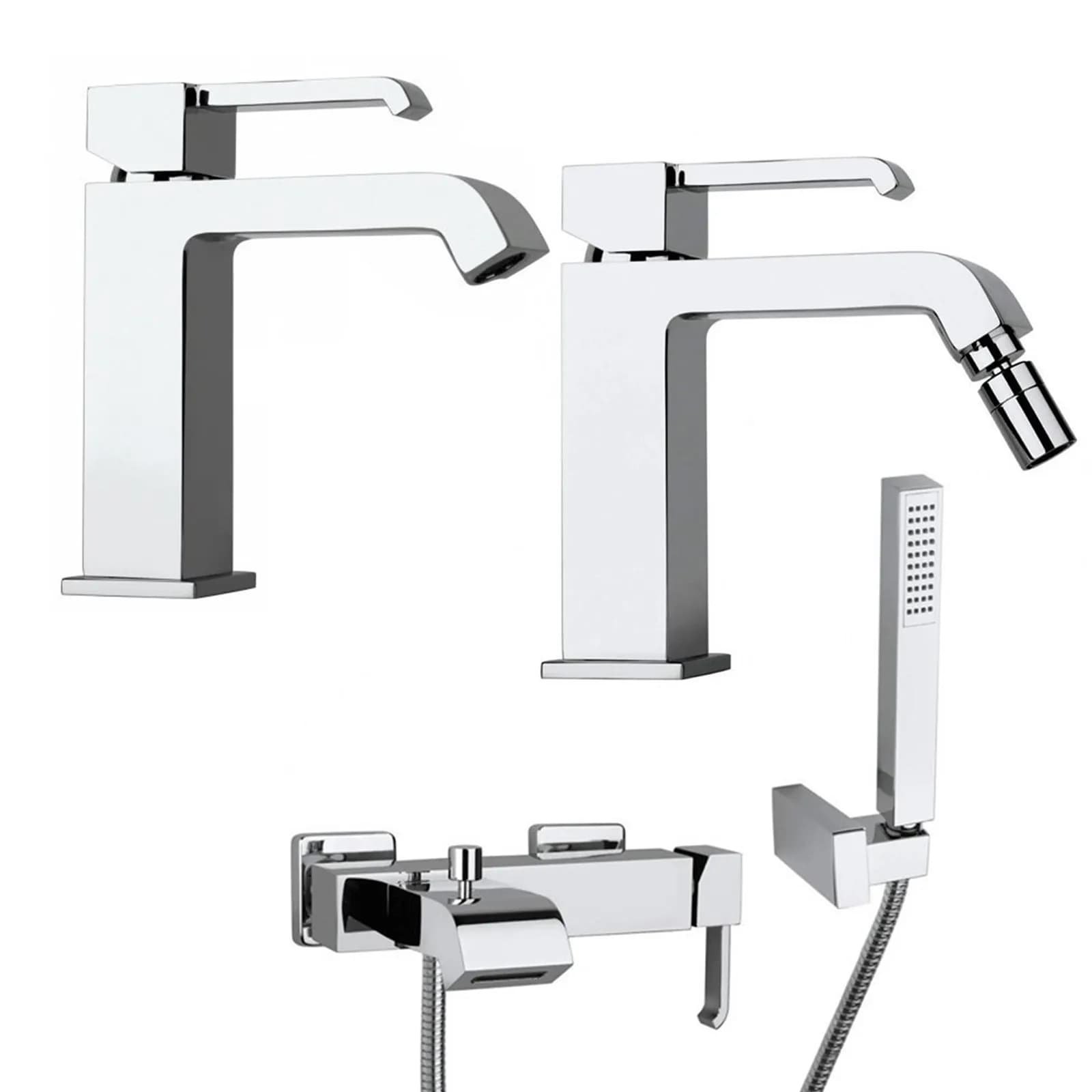 Set miscelatori lavabo + bidet + vasca con doccino Paini Serie Q ottone cromato