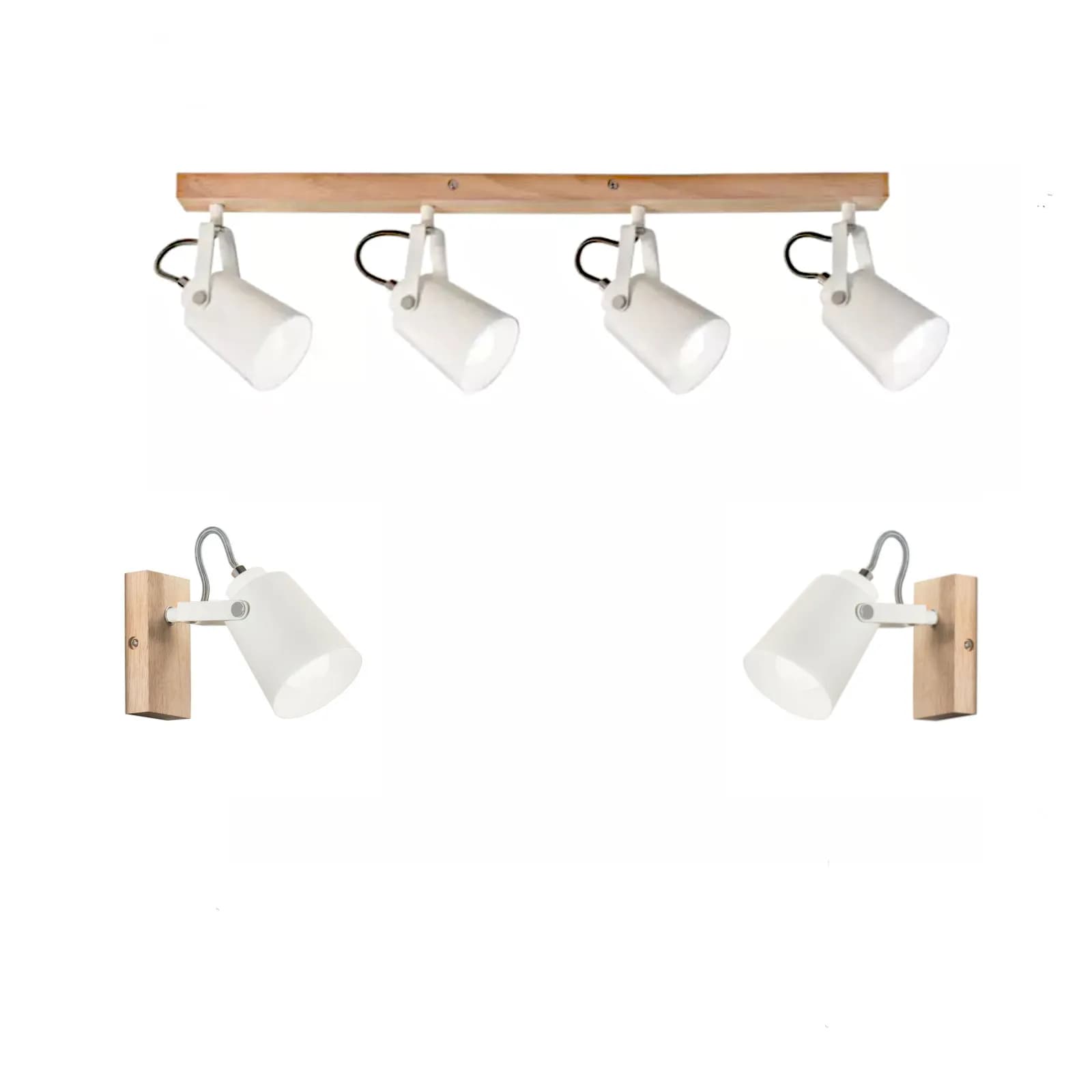 Set plafoniera 4 spot orientabili e 2 applique in metallo bianco opaco con base effetto legno
