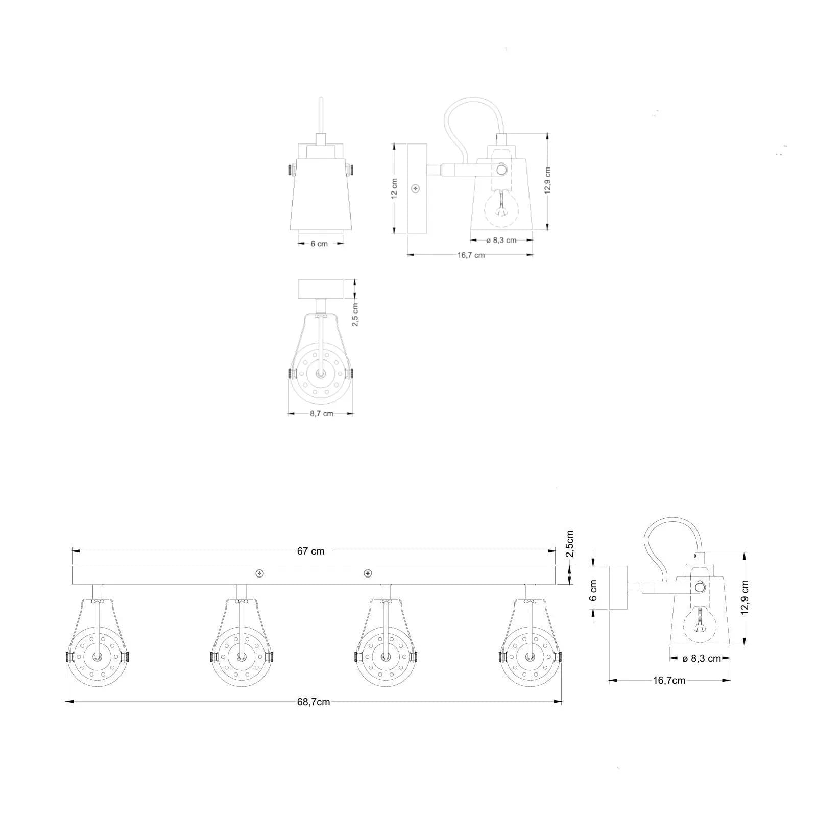 Set plafoniera 4 spot orientabili e 2 applique in metallo bianco opaco con base effetto legno