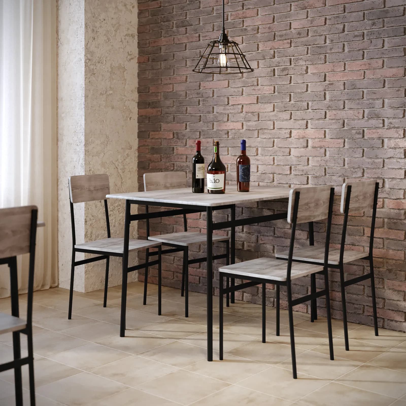 Set pranzo 110x70 cm top effetto rovere chiaro e gambe in acciaio nero con 4 sedie - Hammet