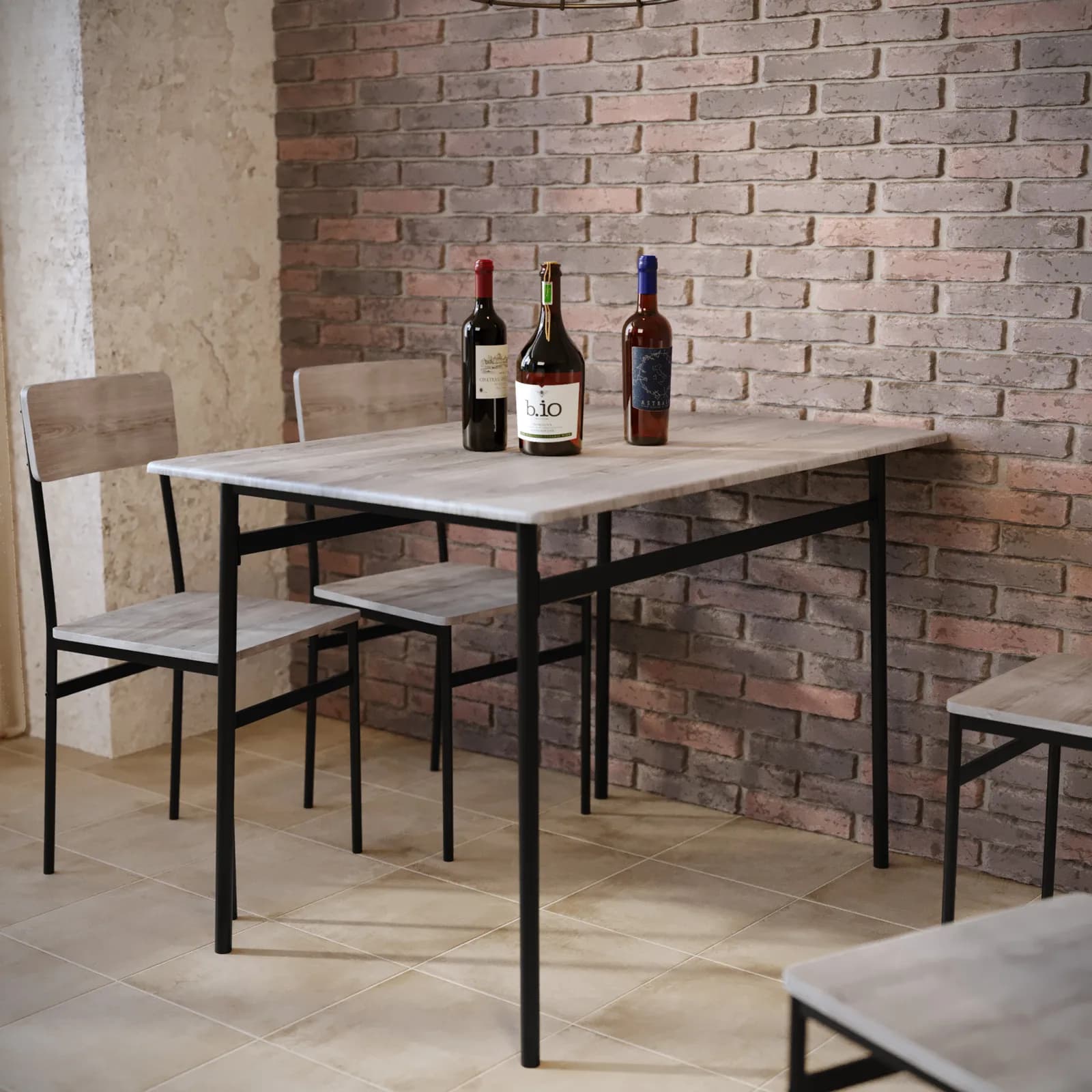 Set pranzo 110x70 cm top effetto rovere chiaro e gambe in acciaio nero con 4 sedie - Hammet