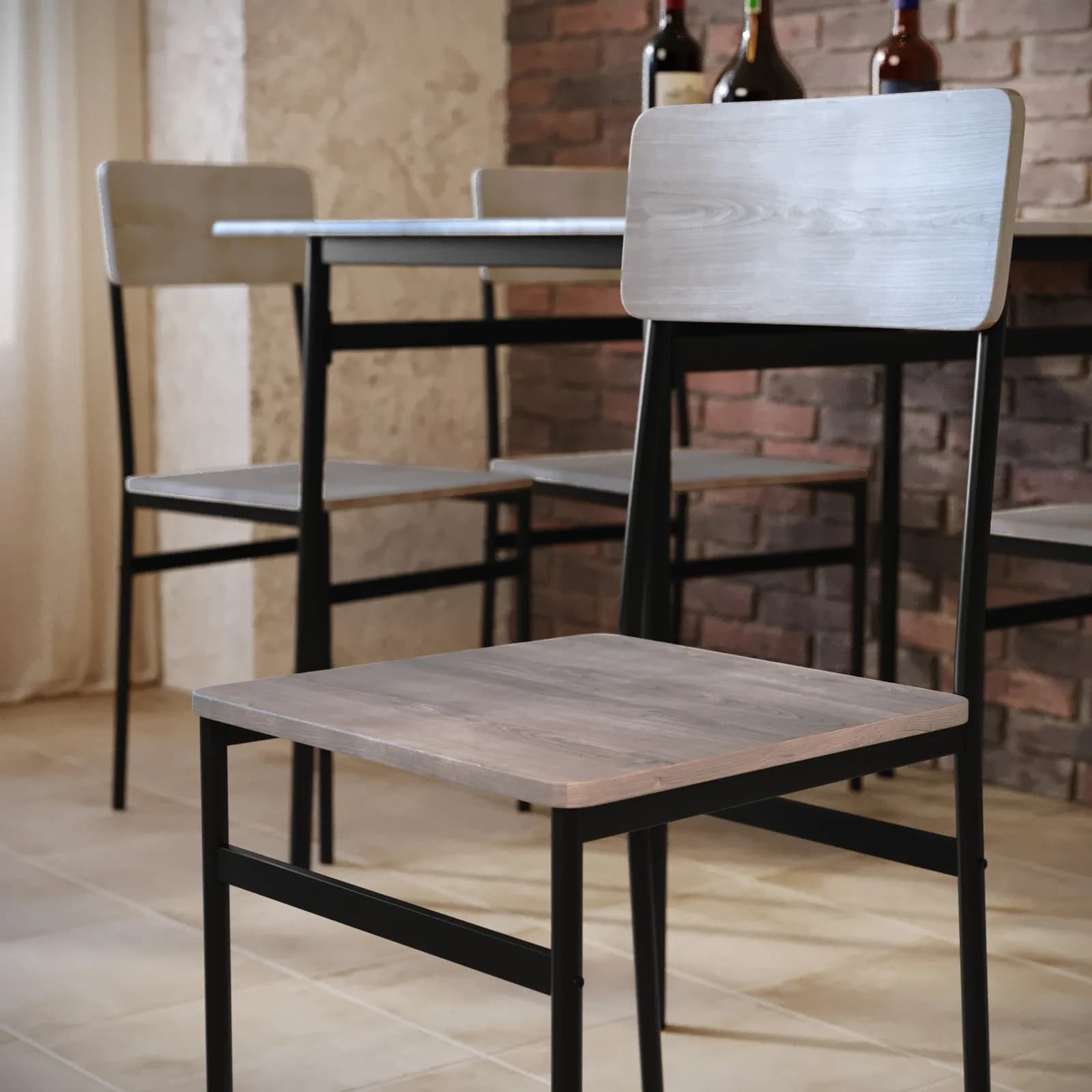 Set pranzo 110x70 cm top effetto rovere chiaro e gambe in acciaio nero con 4 sedie - Hammet