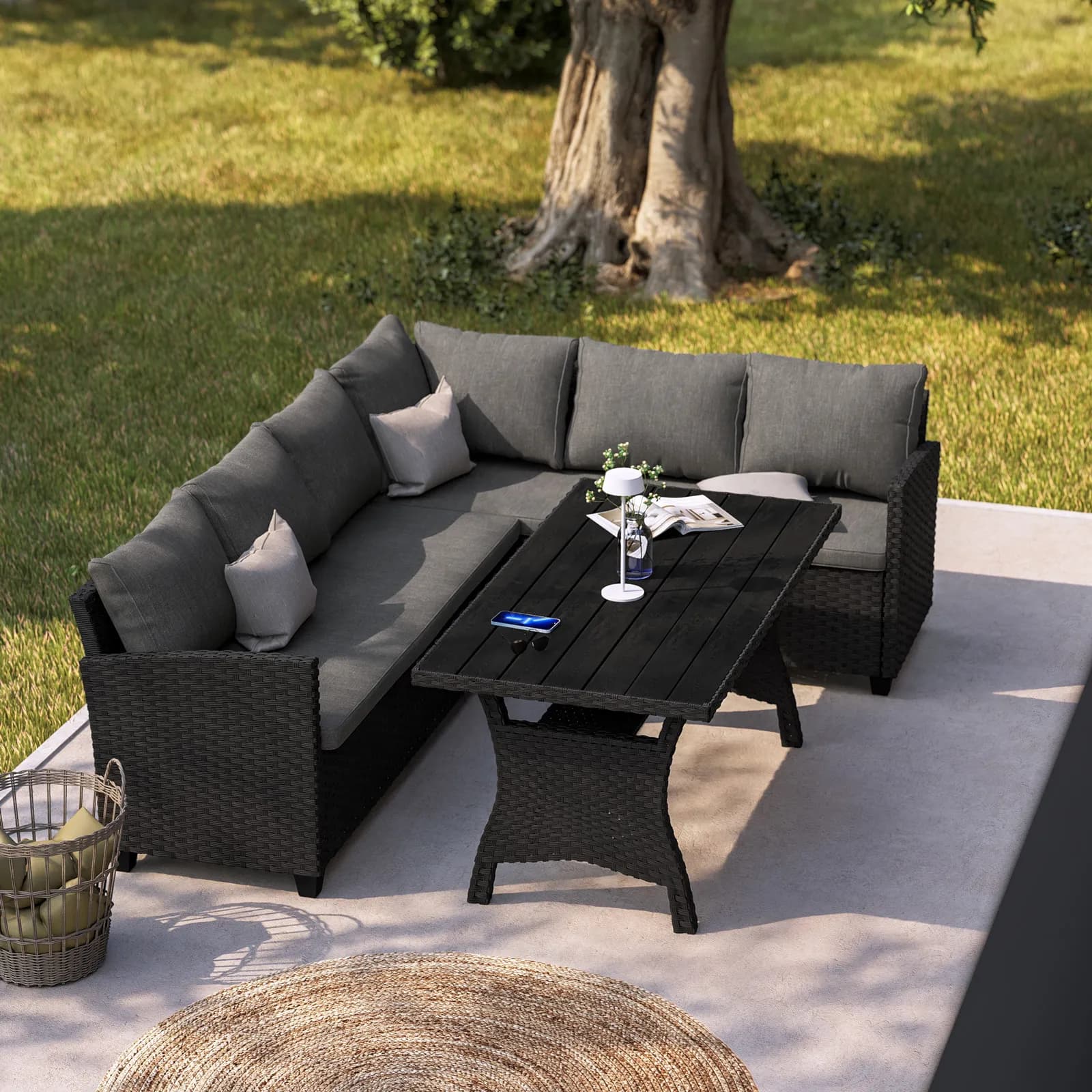 Set pranzo angolare con tavolo 145x75 cm in polyrattan nero con cuscini - Antony