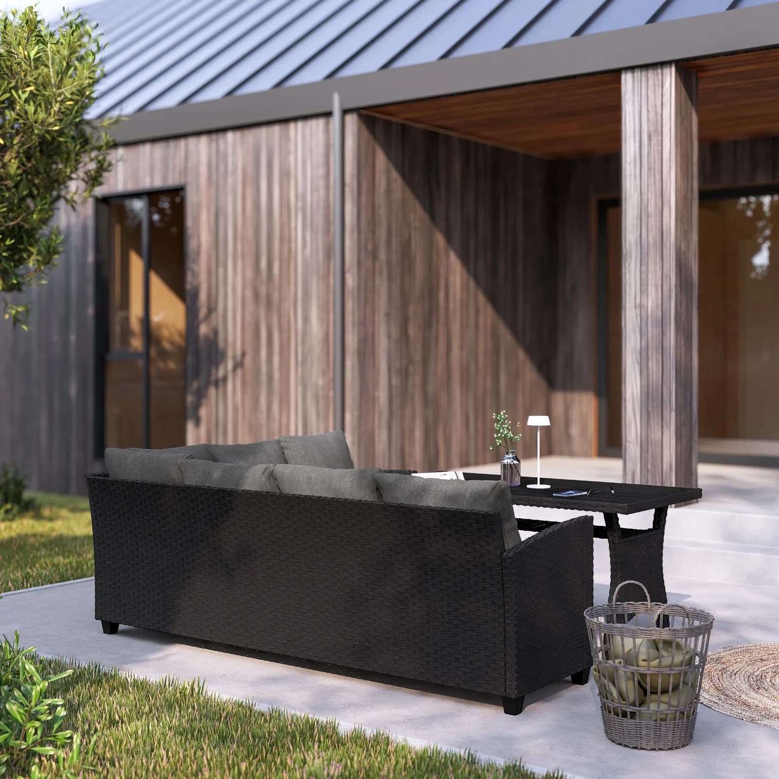 Set pranzo angolare con tavolo 145x75 cm in polyrattan nero con cuscini - Antony
