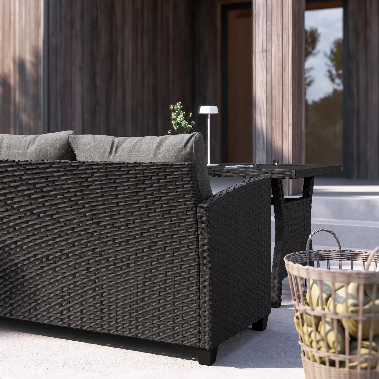 Set pranzo angolare con tavolo 145x75 cm in polyrattan nero con cuscini - Antony
